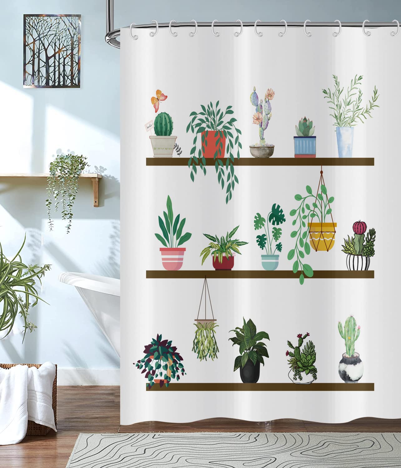 Hnmdmyi Plant Shower Curtain 180x180, Green Succulent Shower Curtains Potted Botanical Leaf Cactus Modern Fresh White Bathroom Curtains Waterproof Polyester Fabric Washable Bath Curtains with Hooks