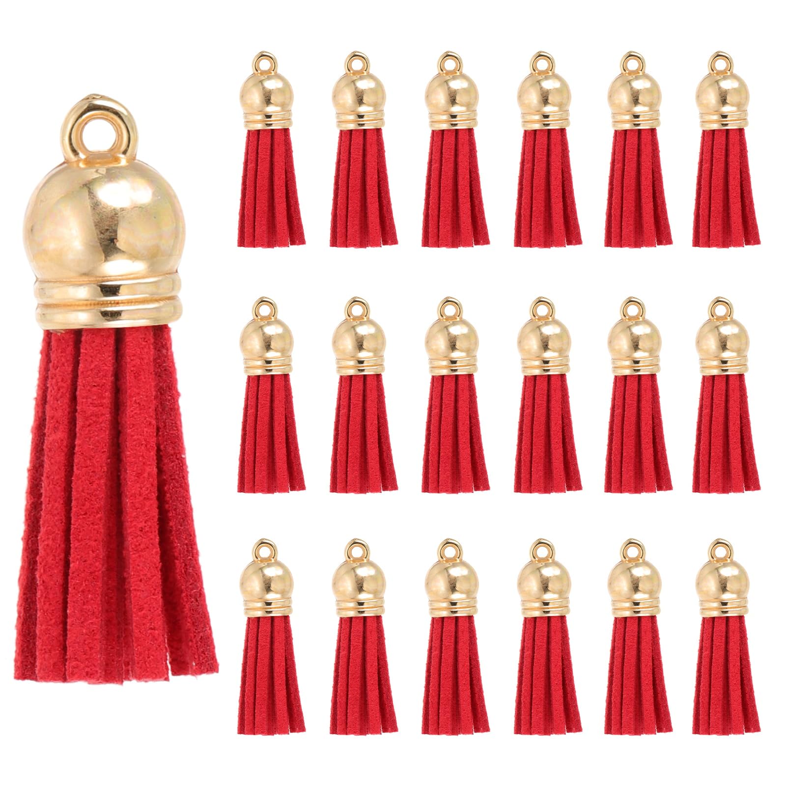 PATIKIL Borlas Cuero 1,5 Pulgadas, 100 Piezas borlas Gamuza sintética, Llavero con Tapa Dorada para Manualidades, decoración, Bolsos, Pulseras, fabricación Joyas, Llavero, Rojo
