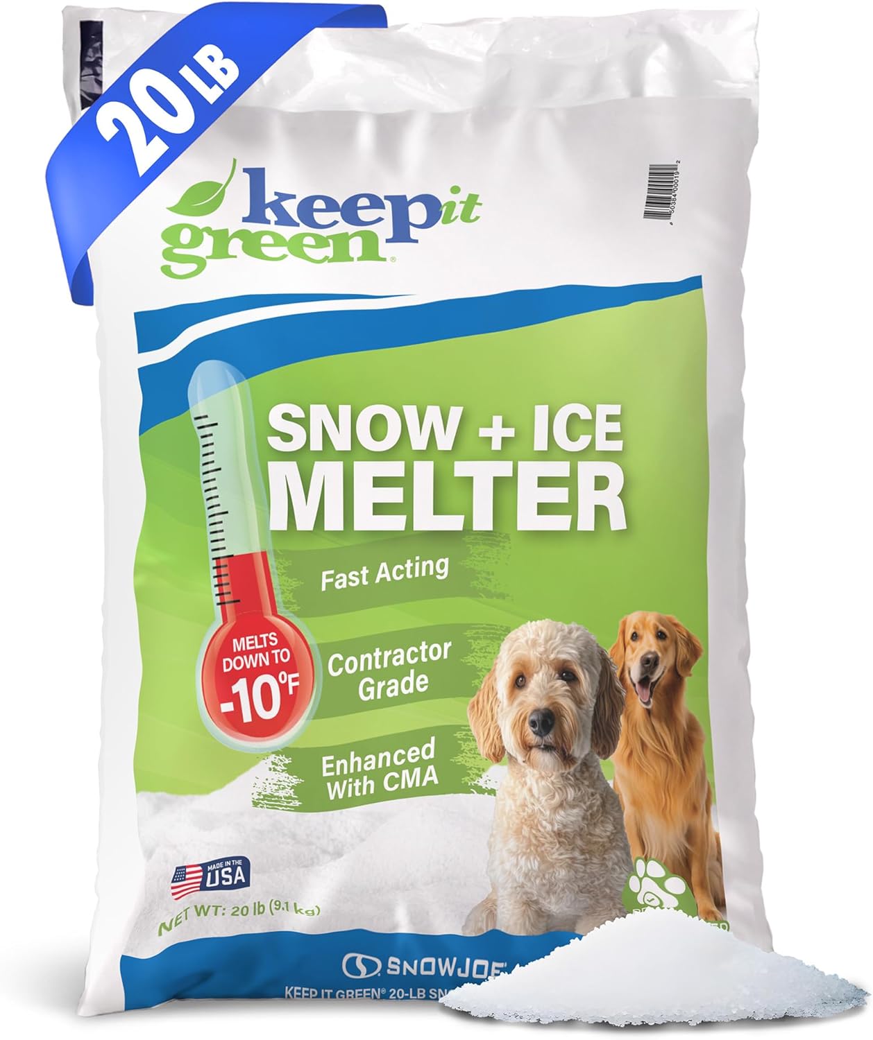 Snow Joe Keep It Green Snow-Melter Salt Pellets, Child- and Pet-Safe Ice Melt with Green Tint, Fast-Melting Formula, 20 Pounds