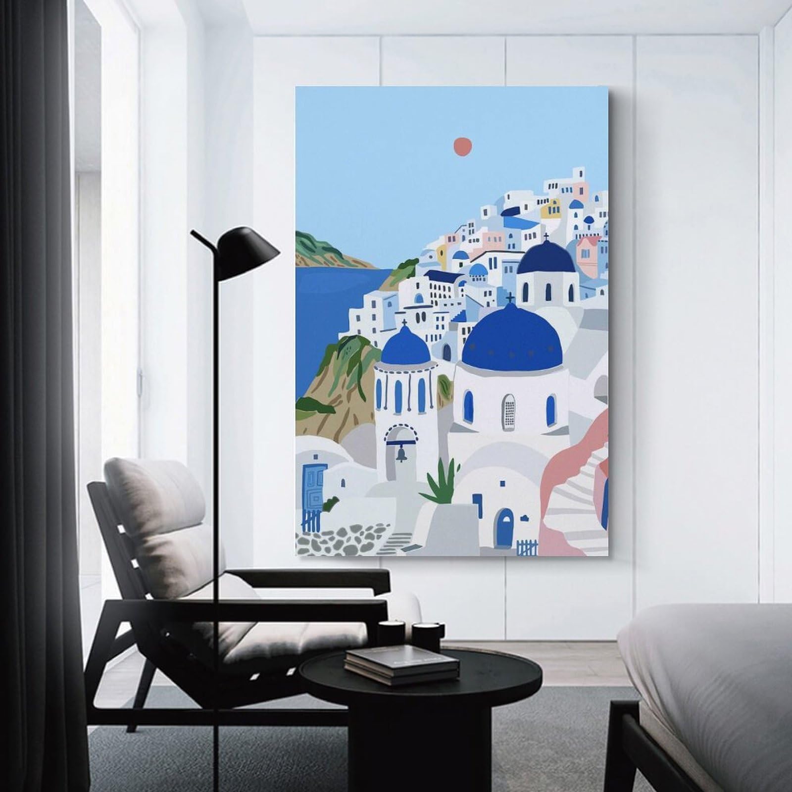 Junmoney Santorini Greece Illustration Home Decor Wall Art, 20x30inch(50x75cm), for Apartments, Flats Or New Home Decor, An Easy Choice for New Home Styling