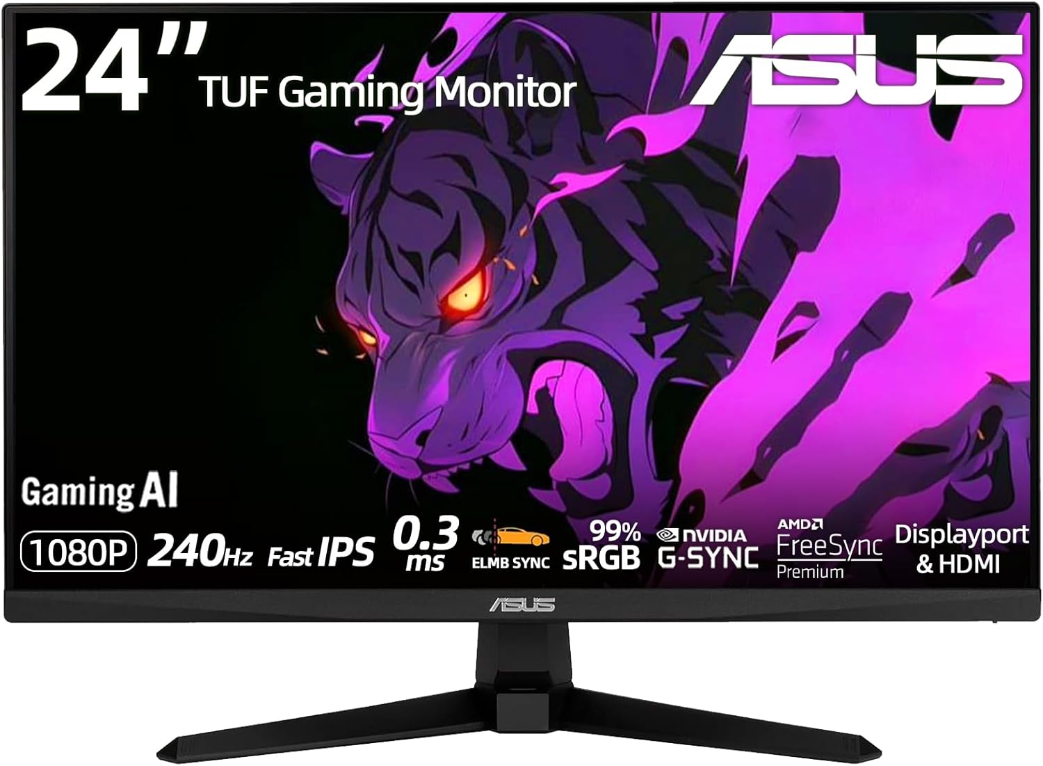 ASUS TUF 24”FHD Gaming Monitor, Fast IPS Display, 240Hz Refresh Rate, 0.3ms Response Time, G-SYNC Compatible, FreeSync Premium, ELMB Sync, AI-Powered Gaming Features, Built-in Speakers - Black
