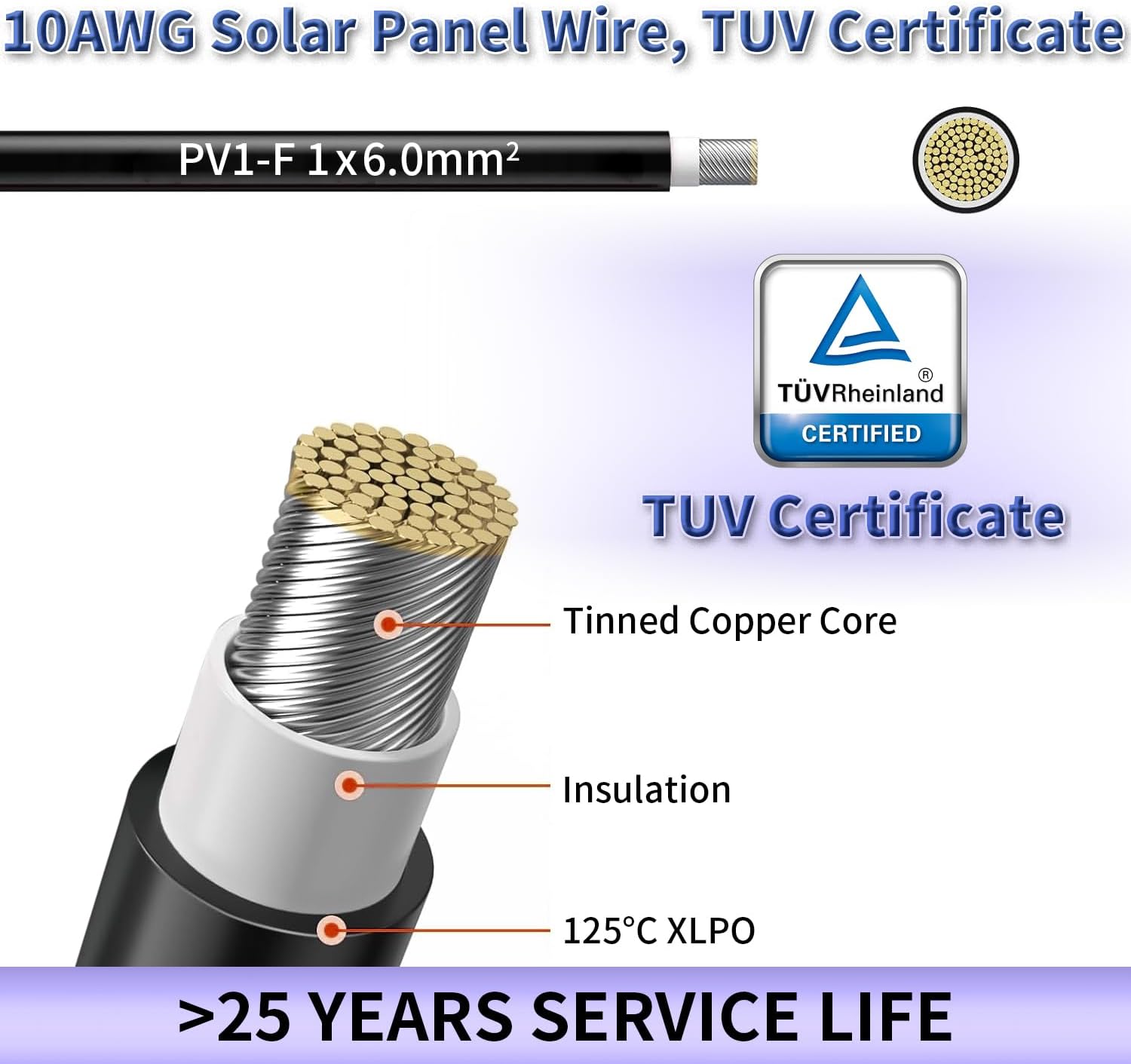 Solar Panel Wire, Black Color,30FT 10AWG Tinned Copper Extension Cable for Solar Panel Off Grid Solar System Outdoor Automotive RV Boat