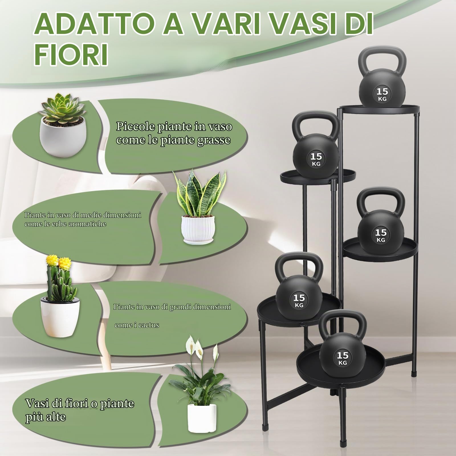 lalago Scaffale Portavasi, 5 Ripiani Ø25cm Mobile Portafiori Metallo, Tavolino per Vasi, Fioriera Interno con 5 Mensole Porta Piante, per Balcone, Giardino, Soggiorno, Camera da letto, Sala studio