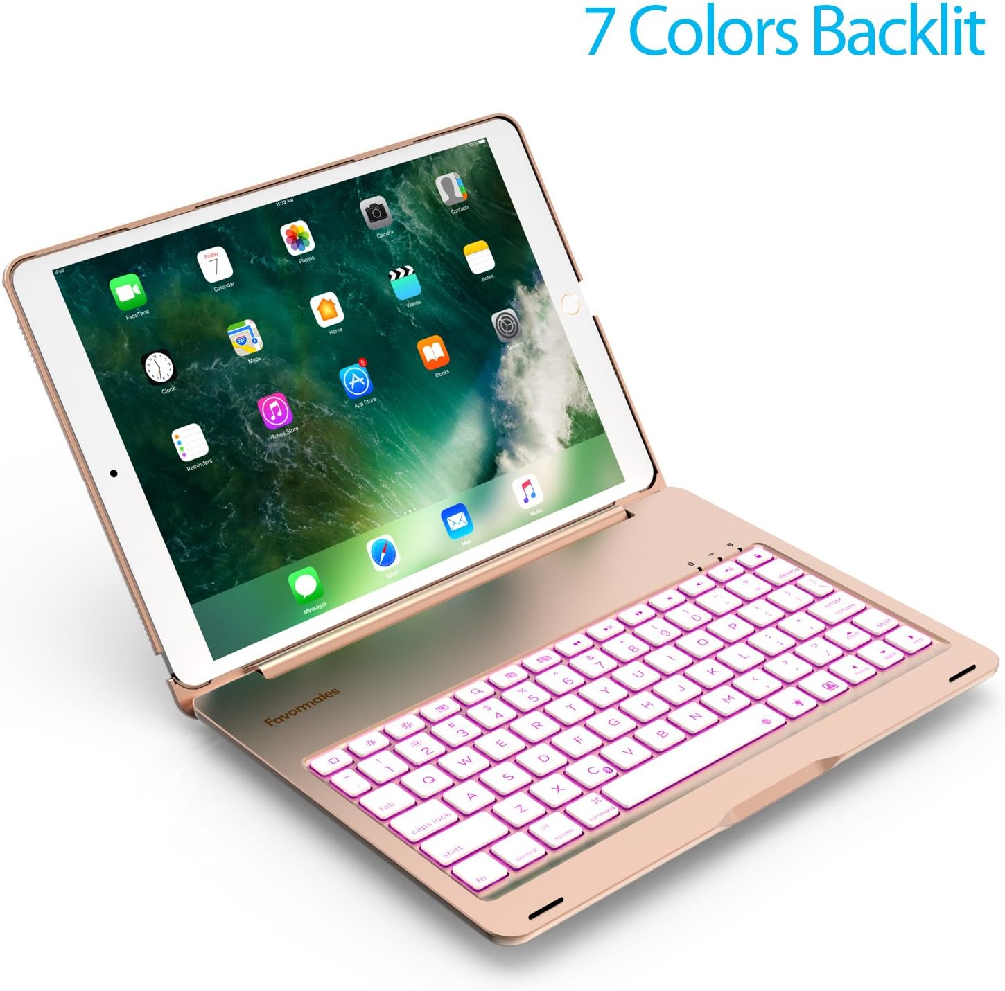 Favormates Keyboard Case Compatible with 2017 iPad Pro 10.5 - LED 7 Colors Backlit, Ultra Slim and Aluminum Alloy & 130° Folio Back Hard Cover- (for iPad Model A1701/A1709)