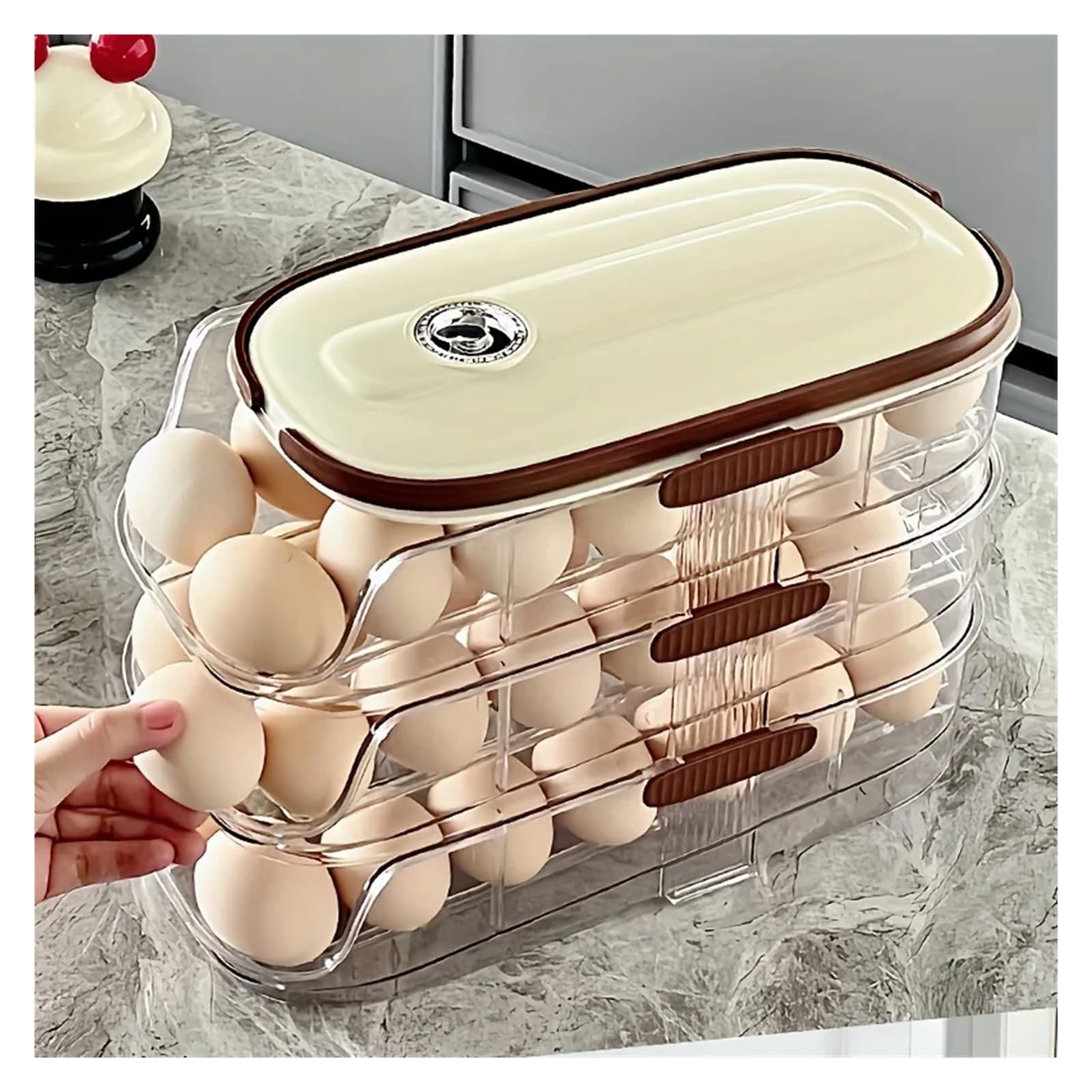 Boîte de rangement automatique pour œufs à roulettes - Grande capacité - Avec distributeur FIFO - Pour ustensiles de cuisine ménagers et économiseur d'espace (3 couches)