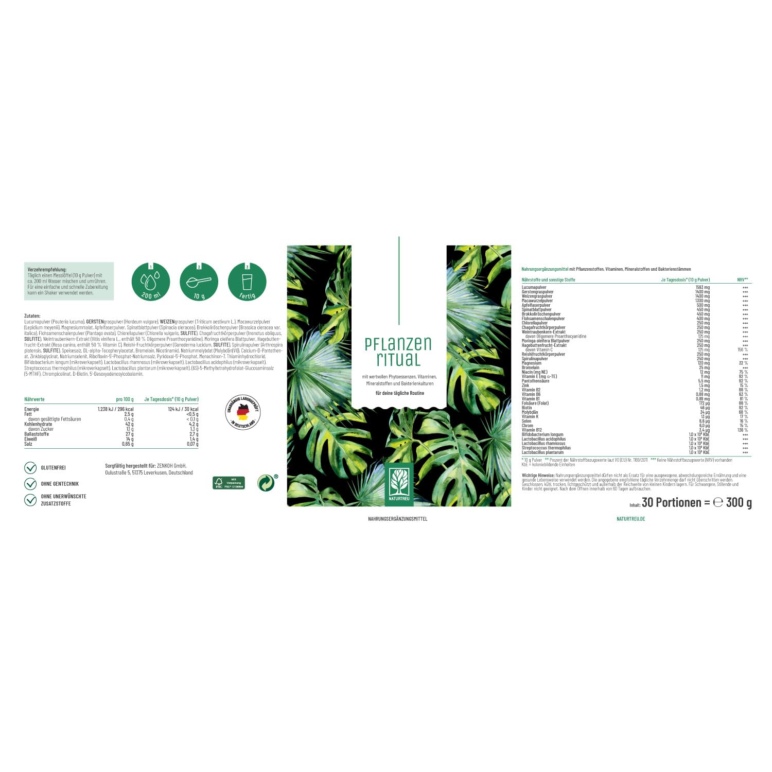 NATURTREU® Greens Pulver - 300g Smoothie Powder mit Weizengras, Gerstengras, Lucuma, Maca, Spinat, Moringa, Spirulina und mehr grünen Helfern - 100% vegan - in Deutschland hergestellt