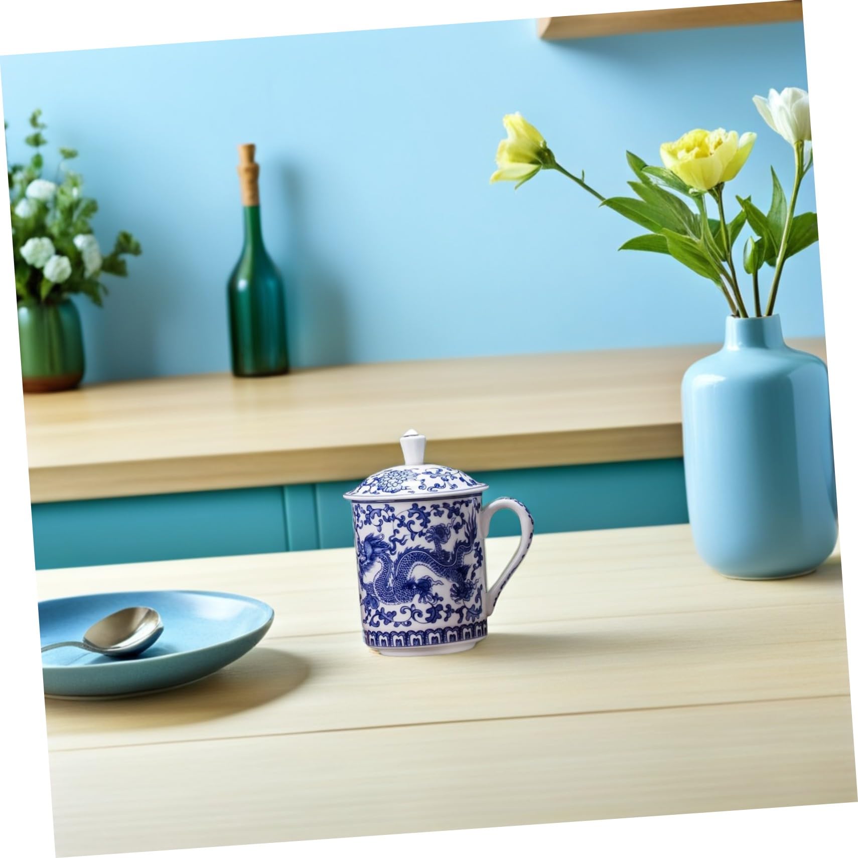 Housoutil Taza de Té de Cerámica Tapa, Gran Capacidad y Diseño Azul y Blanco, Fácil de Limpiar y Resistente a Manchas para Uso en Casa o Oficina