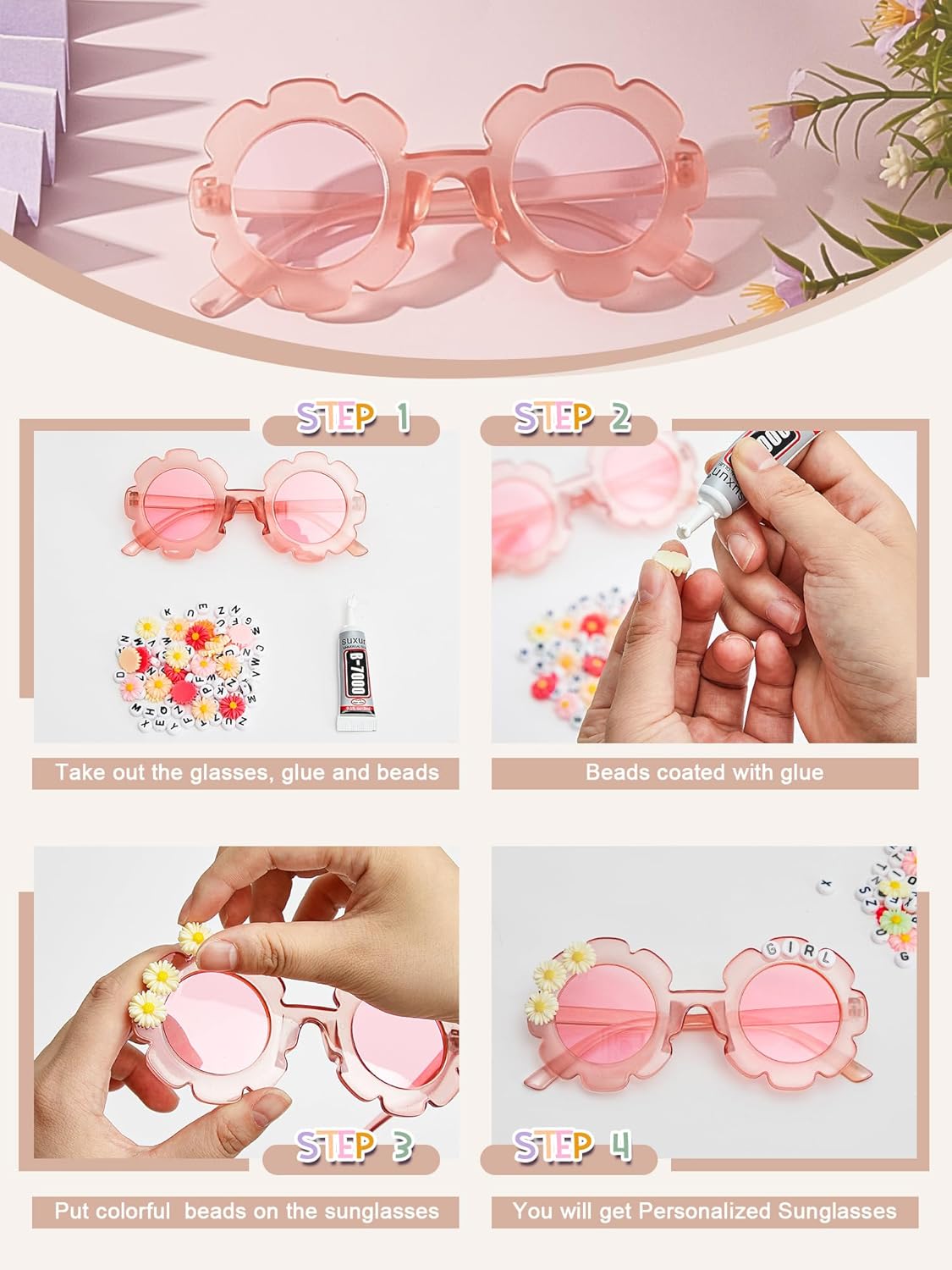 Dunzy 10 Pairs Kids Round Flower Sunglasses DIY Glasses Outdoor Eyewear for Kid with 50 Daisy 100 Random Letter Beads(Elegant Color) - Image 4