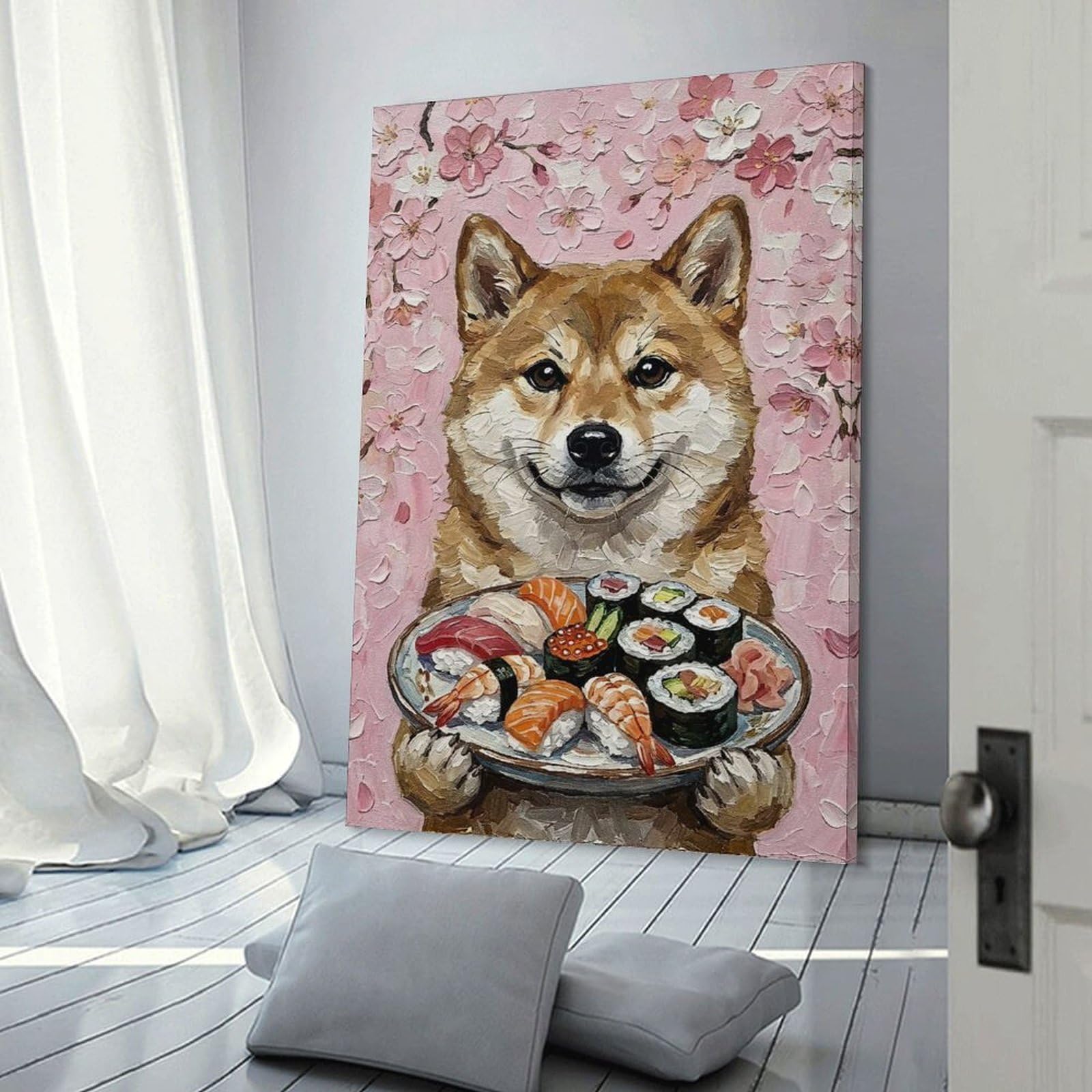 Junmoney Frame-Style-11 Canvas Wall Picture Shiba Inu With Sushi, 20X30inch(50X75cm), For Hallway, Bedroom Or Modern Interiors, Home Decor Gift With Stylish Appeal
