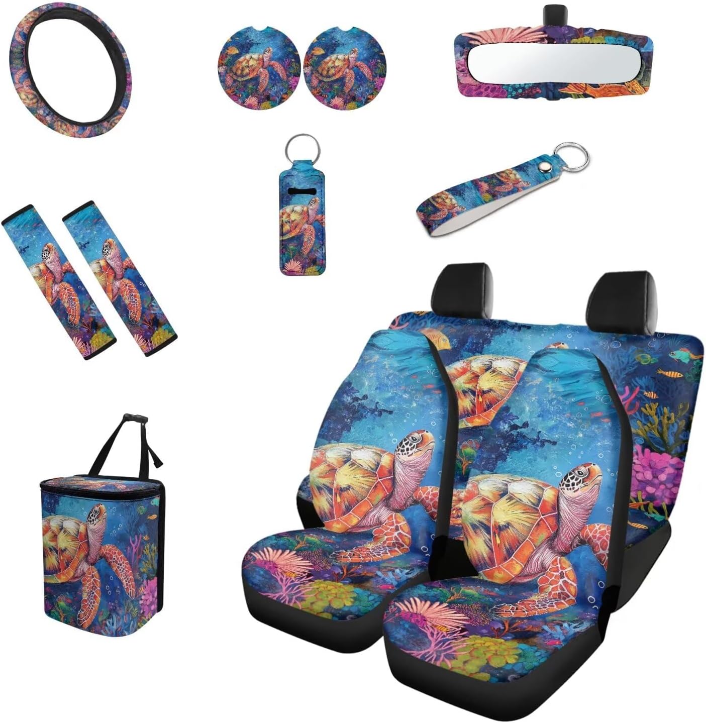 CLOHOMIN 13 PCS Car Seat Covers Full Set Car Steering Wheel Accessories Sea Turtle Seat Belt Cover Auto Rear View Mirror Cover Trash Bin Coasters Keychain Chapstick Holder