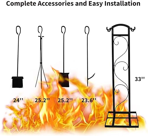 Miniatura 3 de SCENDOR Juego de herramientas para chimenea de 33 pulgadas, 5 piezas de hierro forjado para interiores y exteriores, juego de herramientas para