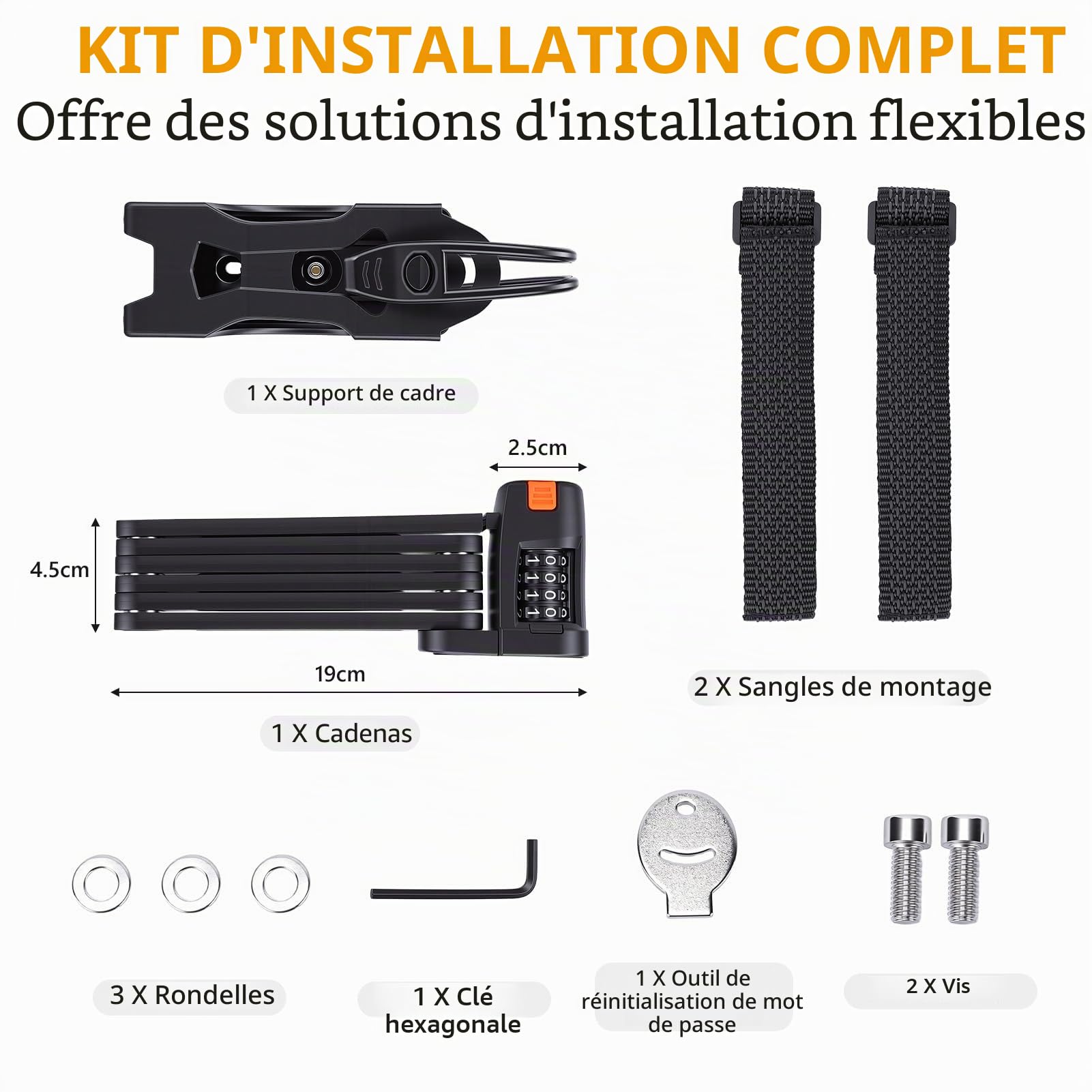 Antivol pliable pour vélo, antivol haute sécurité à combinaison à 4 chiffres, antivol pliable compact avec support de fixation pour vélos, scooters et motos