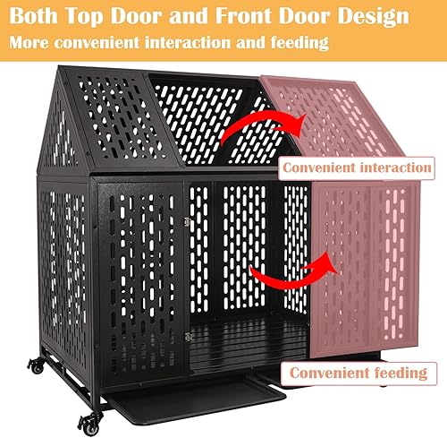 Miniatura 3 de Jaula para perros indestructible de 44 pulgadas con ruedas y bandejas, perrera de acero con techo puntiagudo, resistente a prueba de escapes, jaula