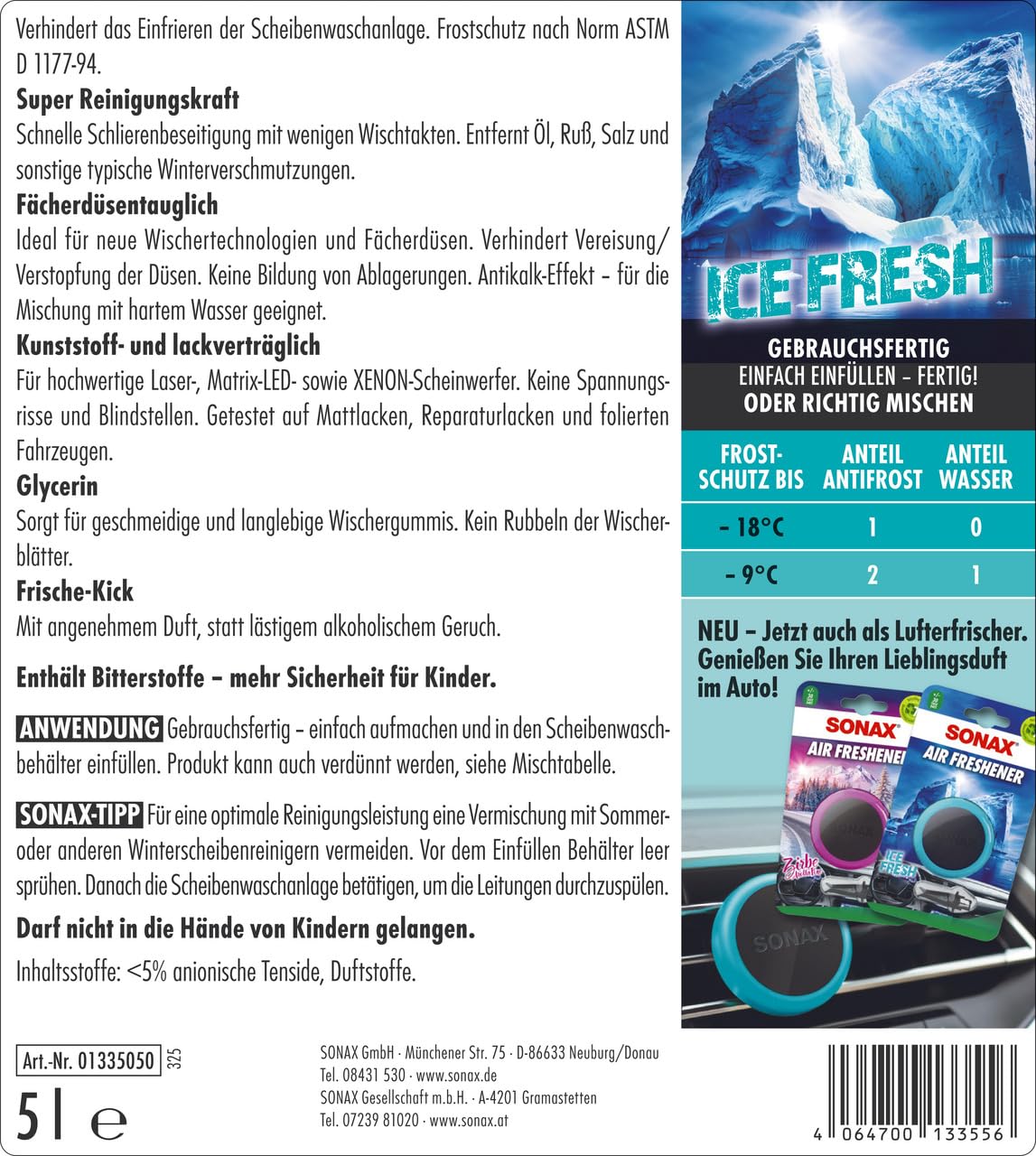 SONAX AntiFrost+Klarblick IceFresh gotowy do użycia w temperaturze do -18°C (5 litrów), szybki, bezsmugowy i skuteczny środek do czyszczenia szyb na zimę | nr art. 01335050