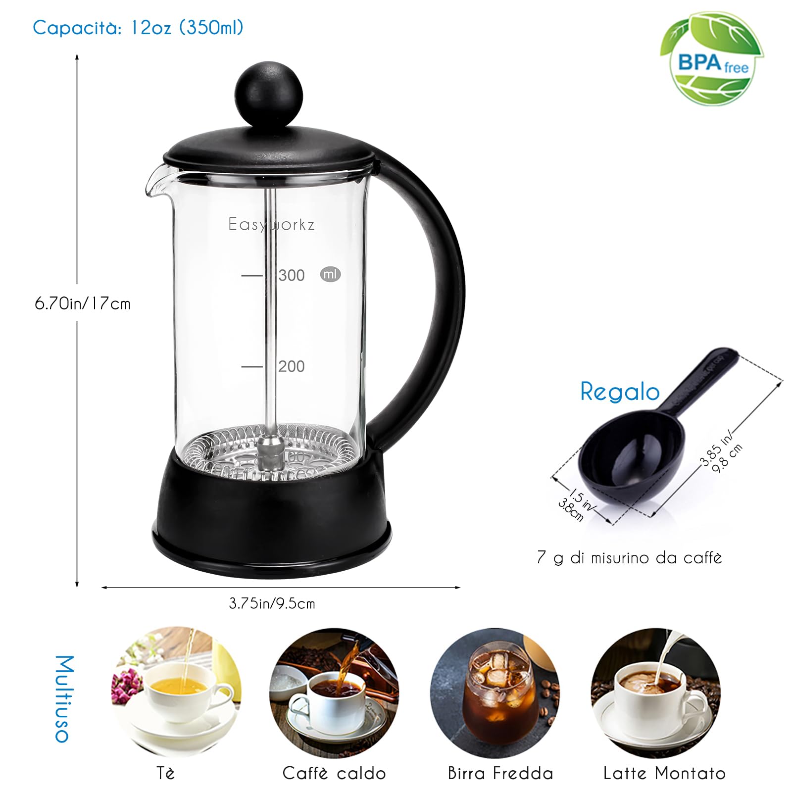 Easyworkz Eclipse Caffettiera francese con vetro borosilicato resistente al calore, 350 ml