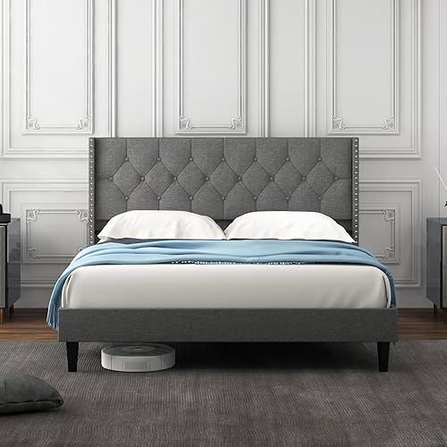 Miniatura 3 de Giantex Base de cama tapizada de tela de lino tamaño Queen, marco de cama moderno con cabecero copetudo con botones, base de colchón de listones de