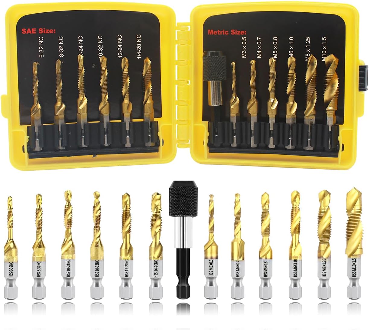 HSS Drill Tap Bit Set 13pcs,BeQell SAE/Metric Combination Drill Tap Kit,Titanium Coated Drill Bits with Quick Change Adapter for Drilling, Tapping, Deburring,Countersinking