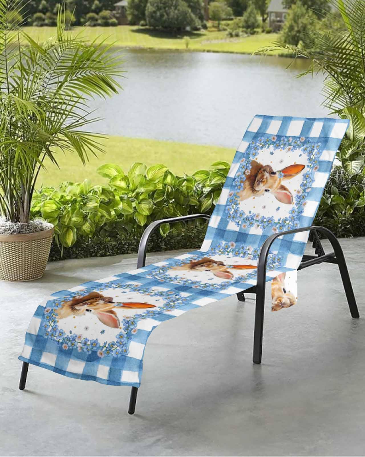 Easter Bunny Beach Chair Towel Covers for Chaise Lounge with Side Pocket, Soft Plush Pool Towels Cover for Patio Sunbathing Outdoor 29''x85'' Easter Rabbit Blue Flower Buffalo Plaid