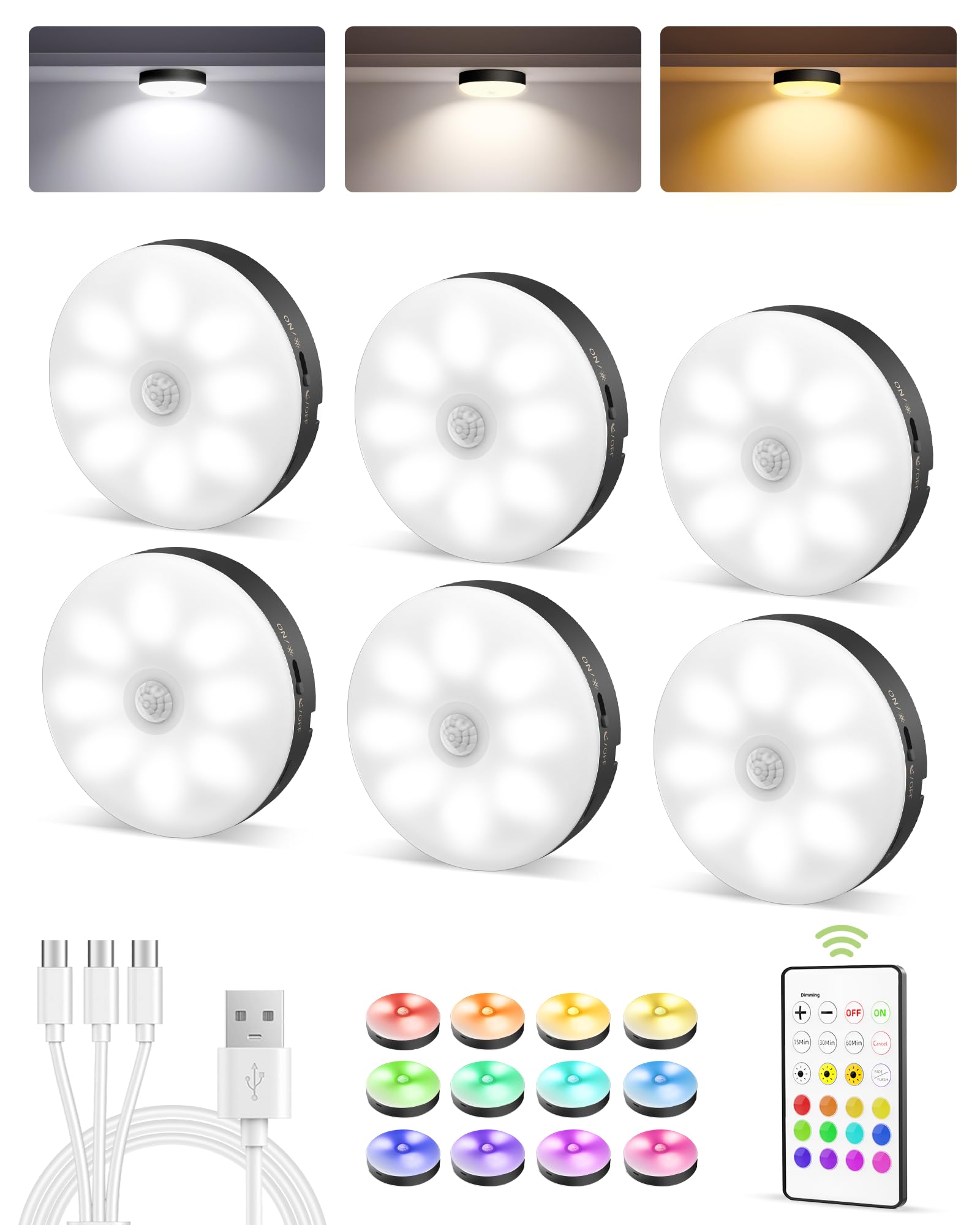 EZVALO Under Cabinet Lighting,1000mAh Rechargeable Puck Lights with Remote,3 Color Temps & 12 RGB Motion Sensor Closet Lights Indoor, Dimmable Under Counter Lights for Kitchen, Shelf Black (6 Packs)