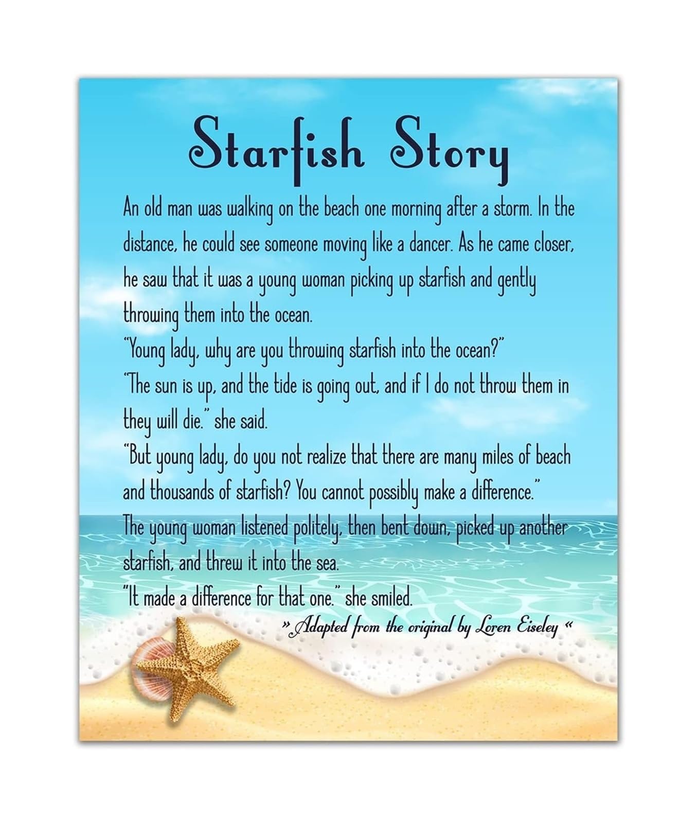 PAJPXPCD Motivational Beach Quote Poster The Starfish Story Watercolor Art Print for Sea Inspired Home Decor(Unframed,12X18inch(30X45cm))