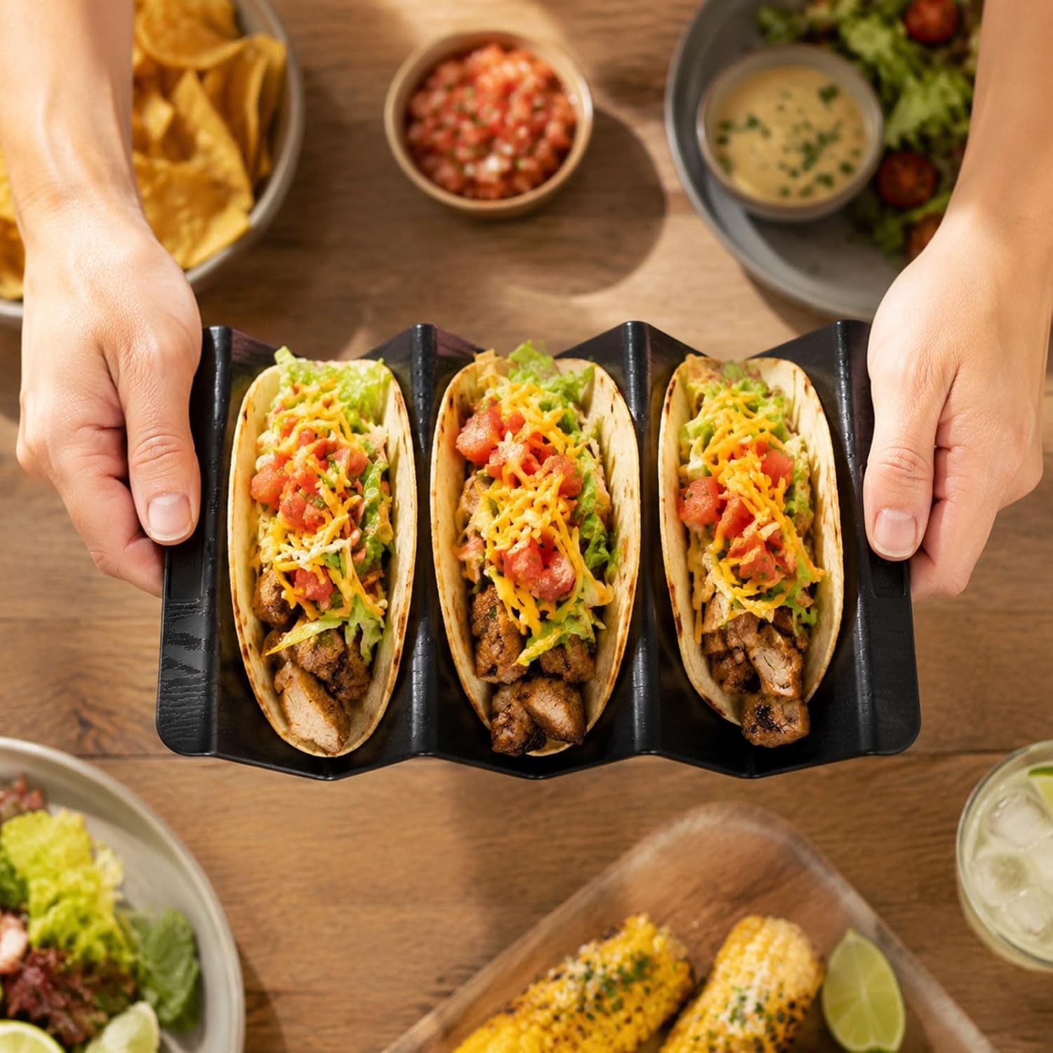 6 Pcs Taco Holder Stands, Stylish Taco Shell Holders for 3 Tacos, Black Large Tray Plates Plastics Holder for Baking, Dishwasher and Microwave Safety image 5