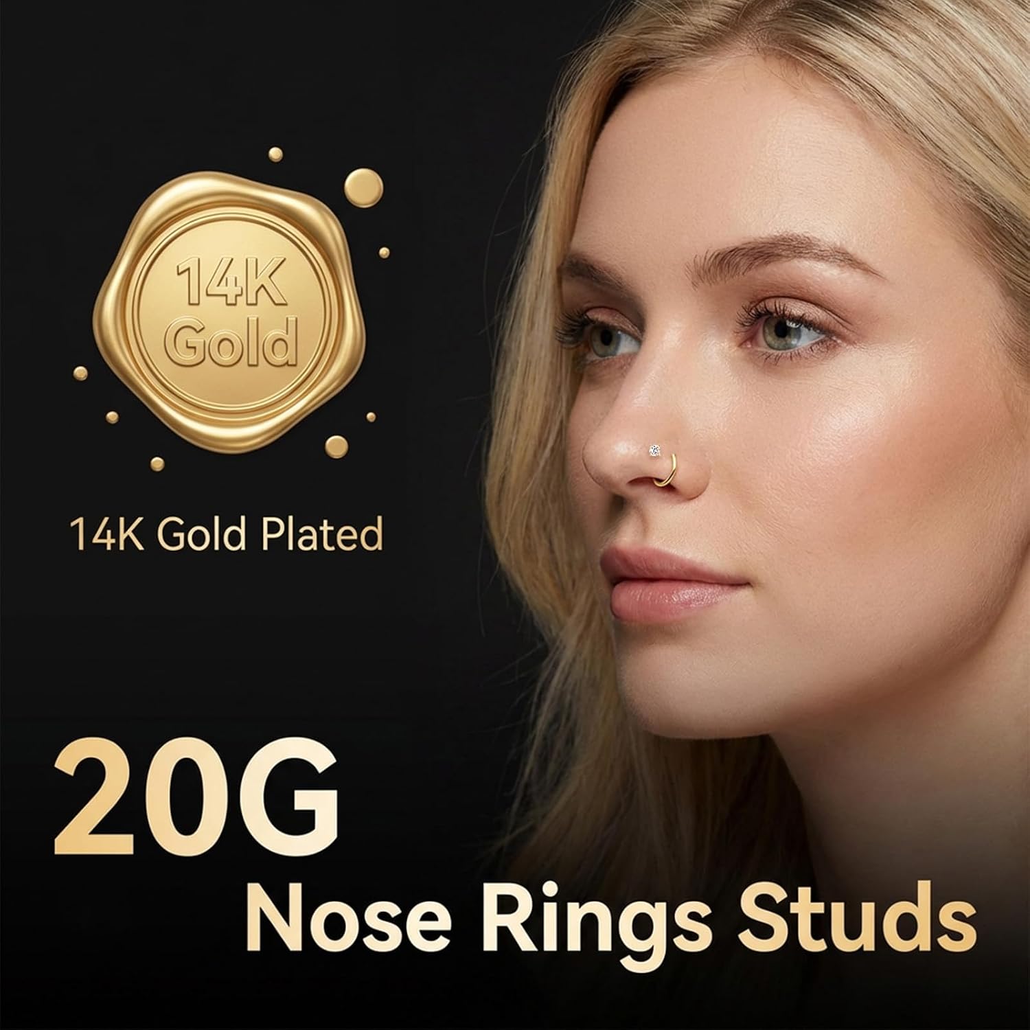 14K Gold Plated Nose Rings Studs Set, 18G Clicker Segment Nose Piercing Jewelry L Shaped Screw Threadless Flat Back Nose Stud with Internal Threaded Piercing Taper and Grabber Tool