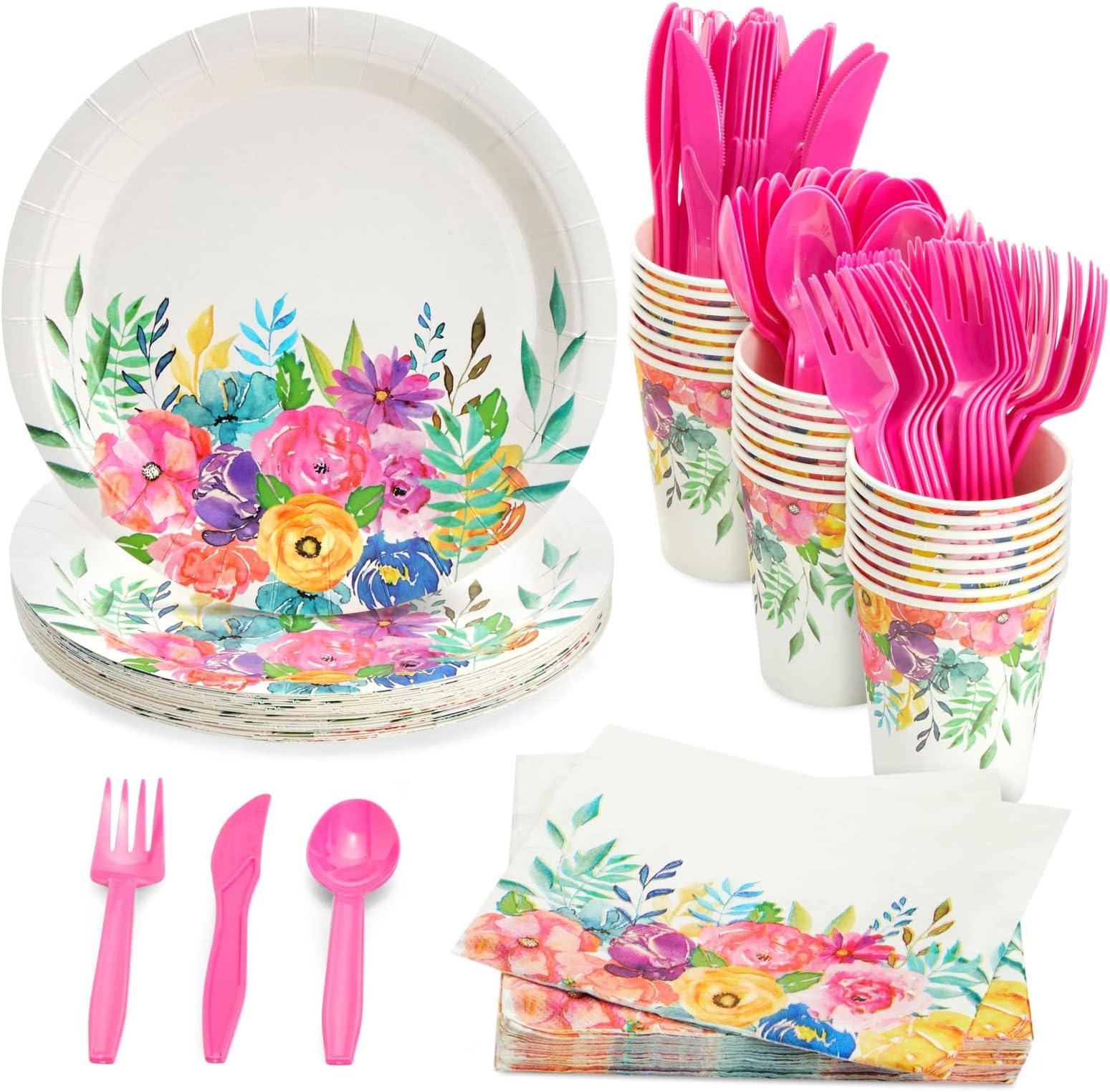 Juvale Floral Party Plate Set - 144 Pieces, 9 In Plates, 9 Oz Cups, 13 In Napkins & 6in Cutlery, Multicolor Spring - Flower Print Tableware & Event Cutlery for Tea & Birthday Celebrations