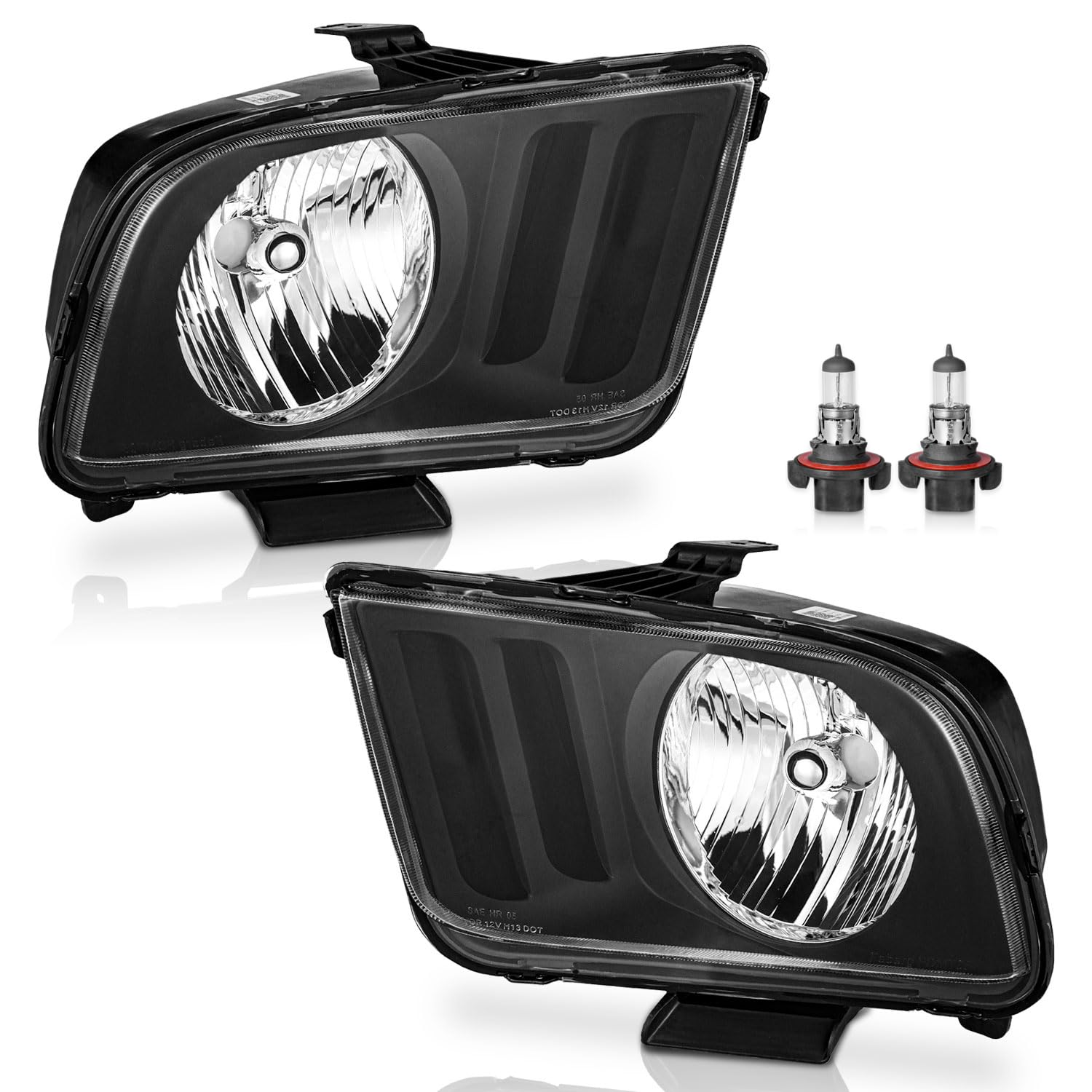 Headlights Assembly Compatible with 2005-2009 Ford Mustang, Headlamp Replacement For 2005 2006 2007 2008 2009 Ford Mustang Headlight Assemblies Black Housing Clear Reflector with H13 Bulbs