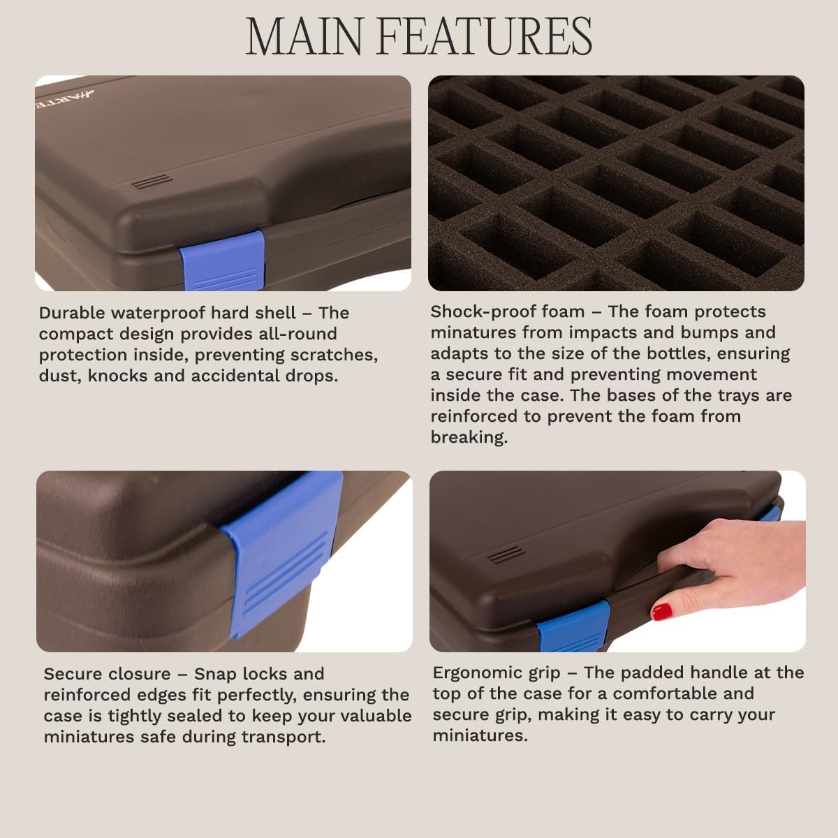 Hartem - Miniature Carrying Case | Rigid Waterproof Case with Shock proof Foam Trays | Storage Box for Wargames, Warhammer, D&D | Holds up to 120 figures | 12.60 X 14.17 X 5.51 inch