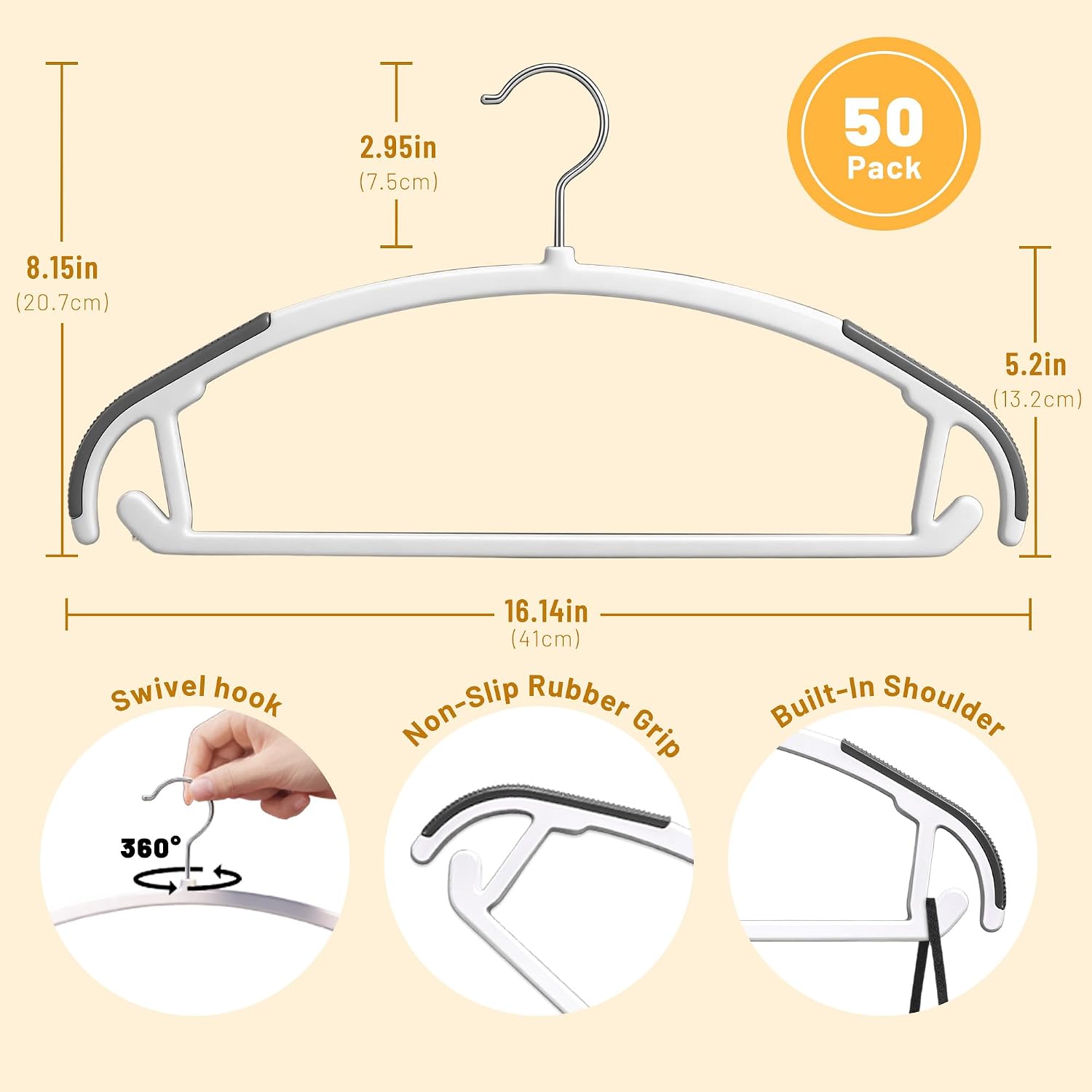 No-Bump Plastic Hangers, 50 Pack, Non-Slip White