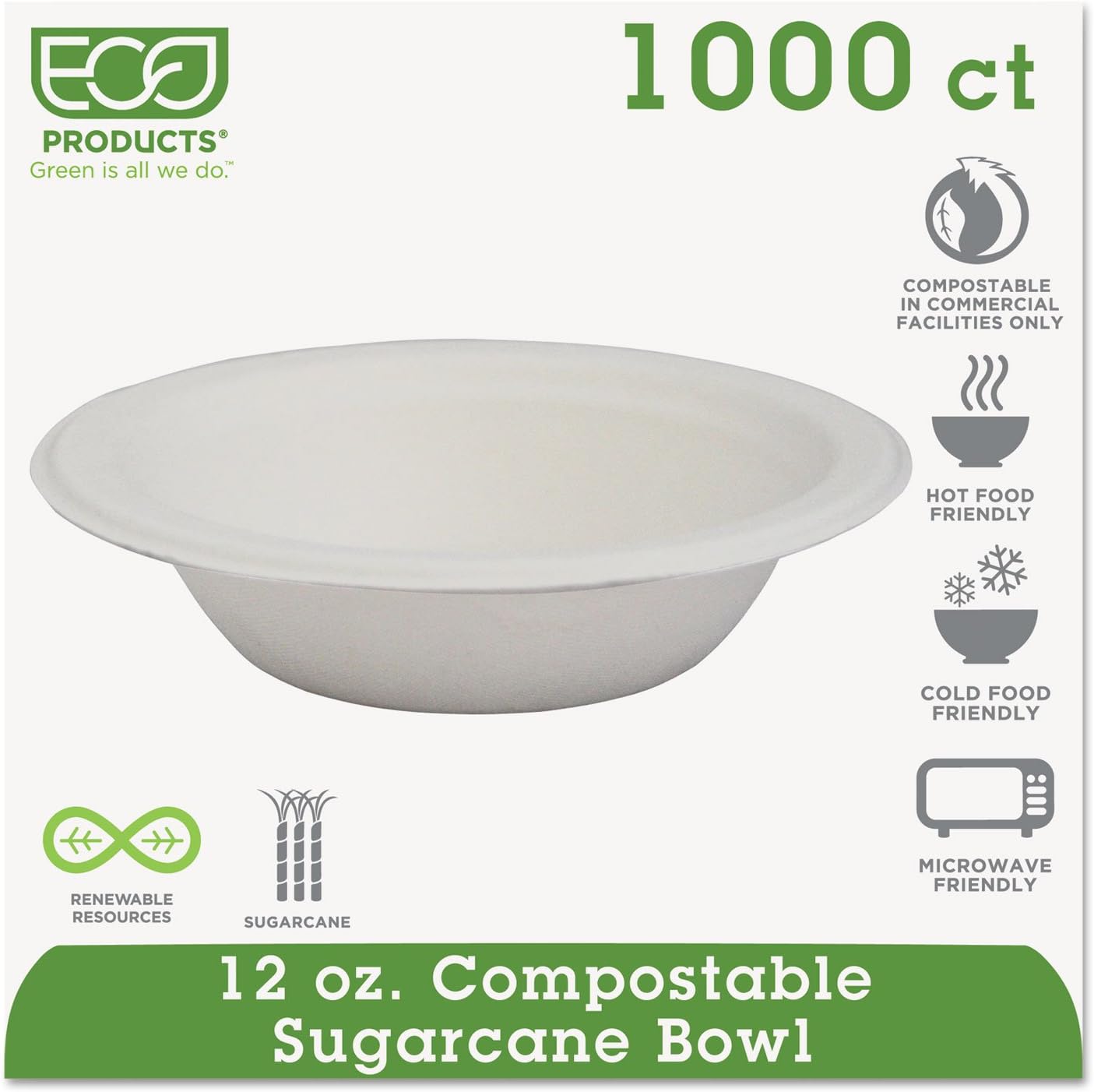 Eco-Products EPBL12 - Compostable Sugarcane Dinnerware, 12 oz. Bowl, Natural White, 1000/Carton
