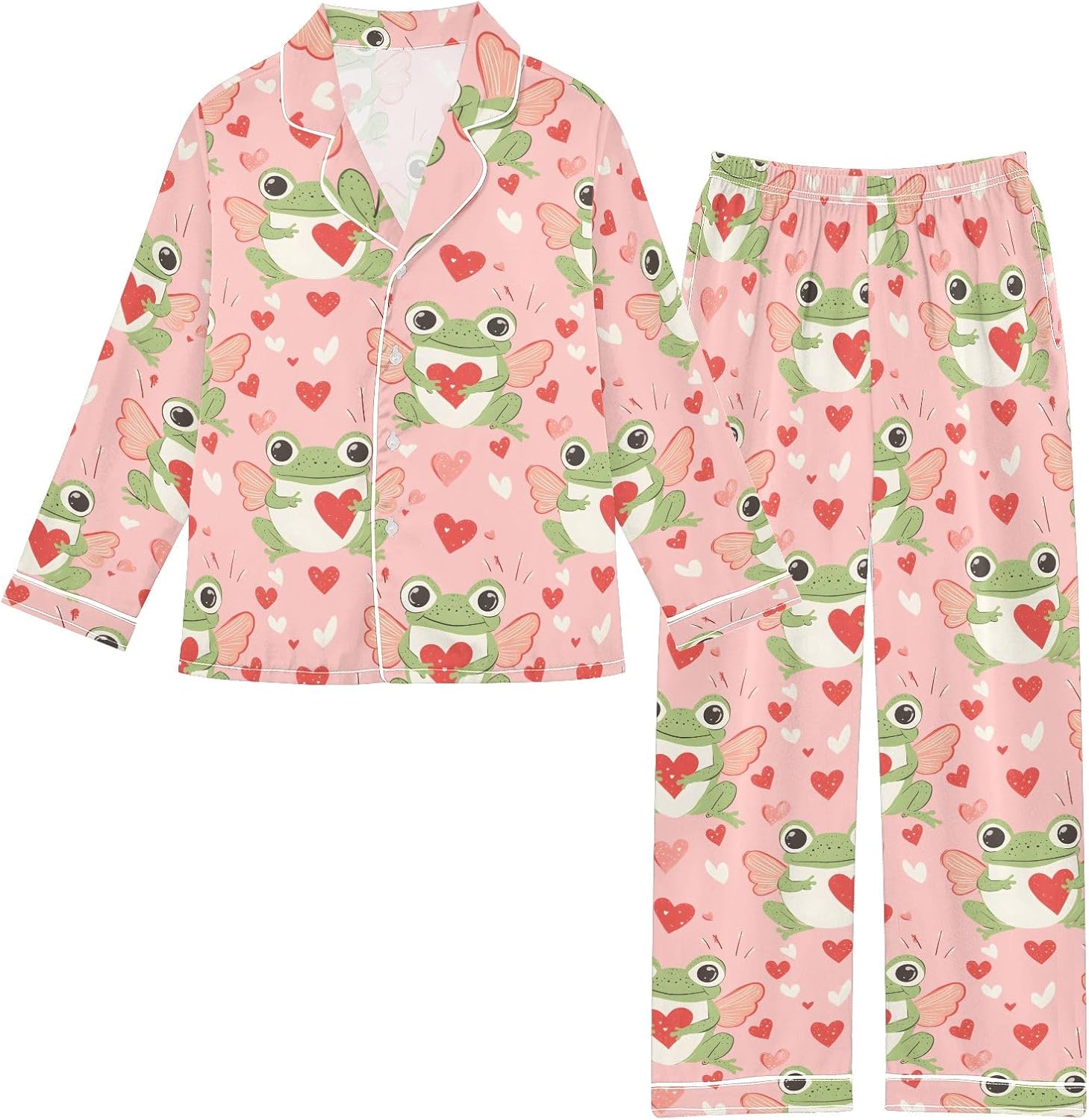 Kids Casual Satin Wear Set Frogs Wings Hearts Pattern Unisex Relaxed Fit Clothing