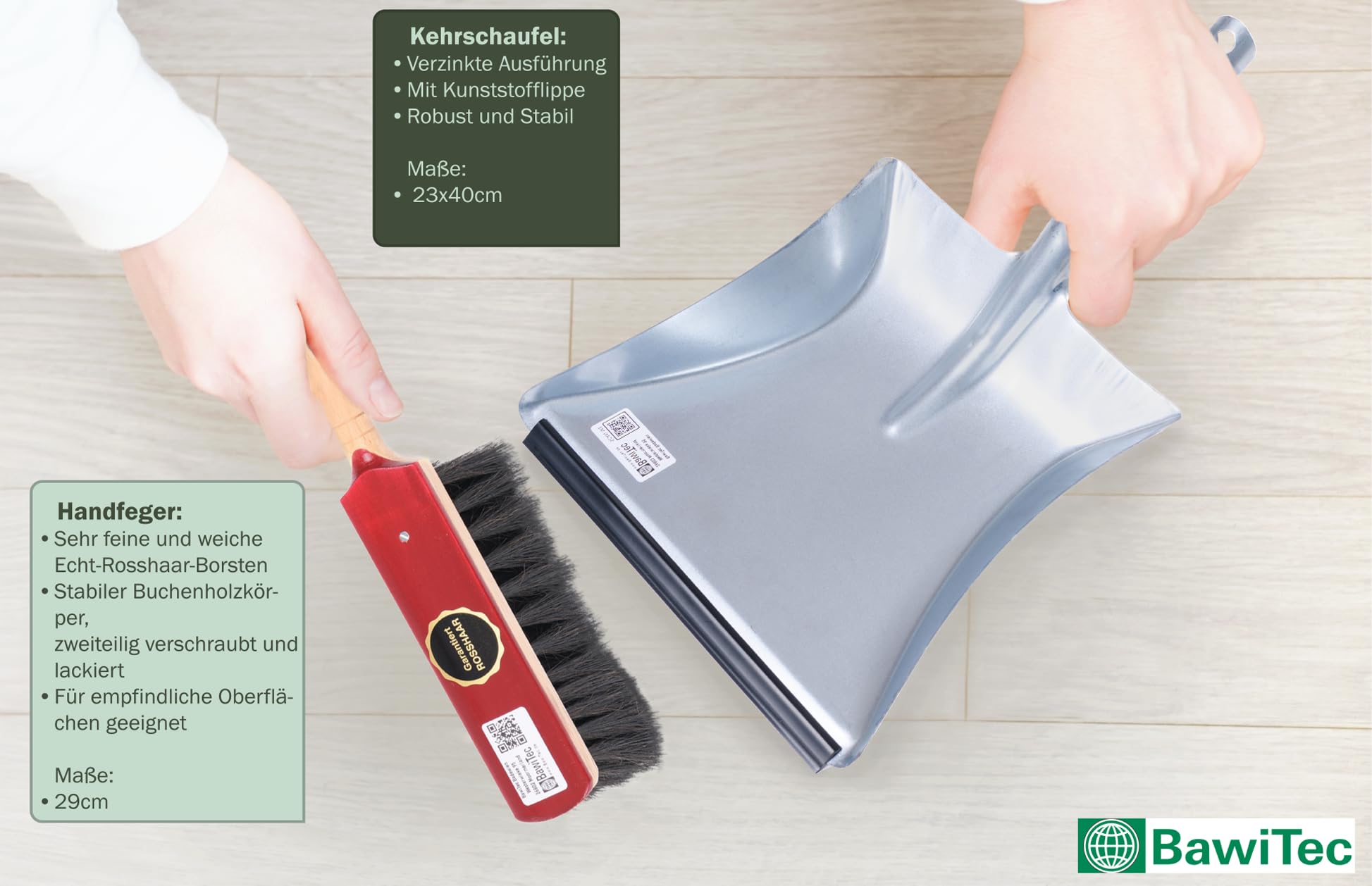 Hochwertiges Rosshaar Besen Set Handfeger Kehrschaufel Teleskopstiel Stiel | Besen 30cm, Handfeger 28cm, Holz-lackiert, Teleskopstiel verstellbar, Metall-Kehrschaufel verzinkt mit Lippe