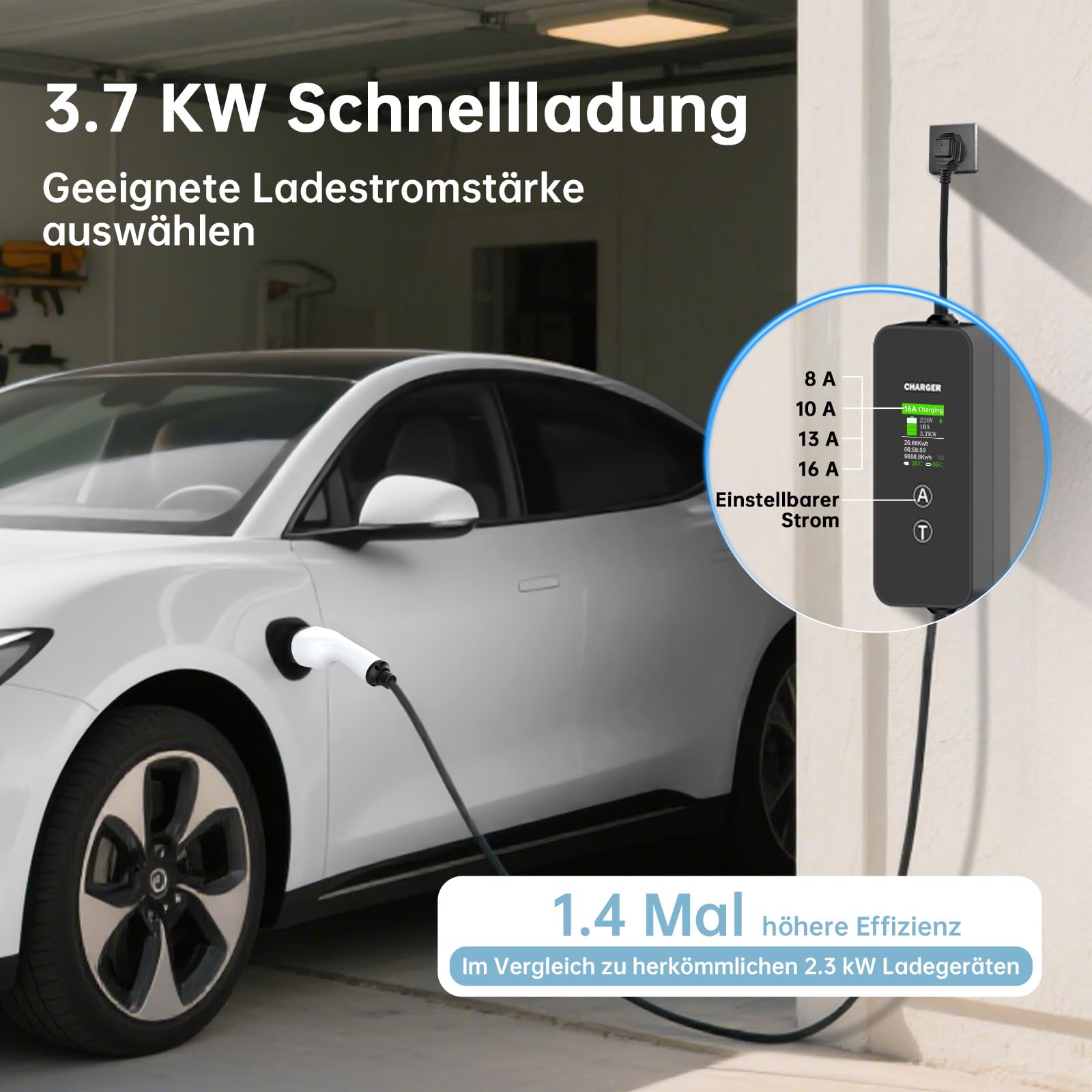 Ladekabel Typ 2 3,7kW [6m, 8-16A] EV Charger mit Steuerbarer Digitalanzeige und Mehreren Schutz，Stromstärke/Ladeleistung Einstellbar 8|10|13|16A, Tragbares EV Ladegerät für PHEV/EV Elektroautos