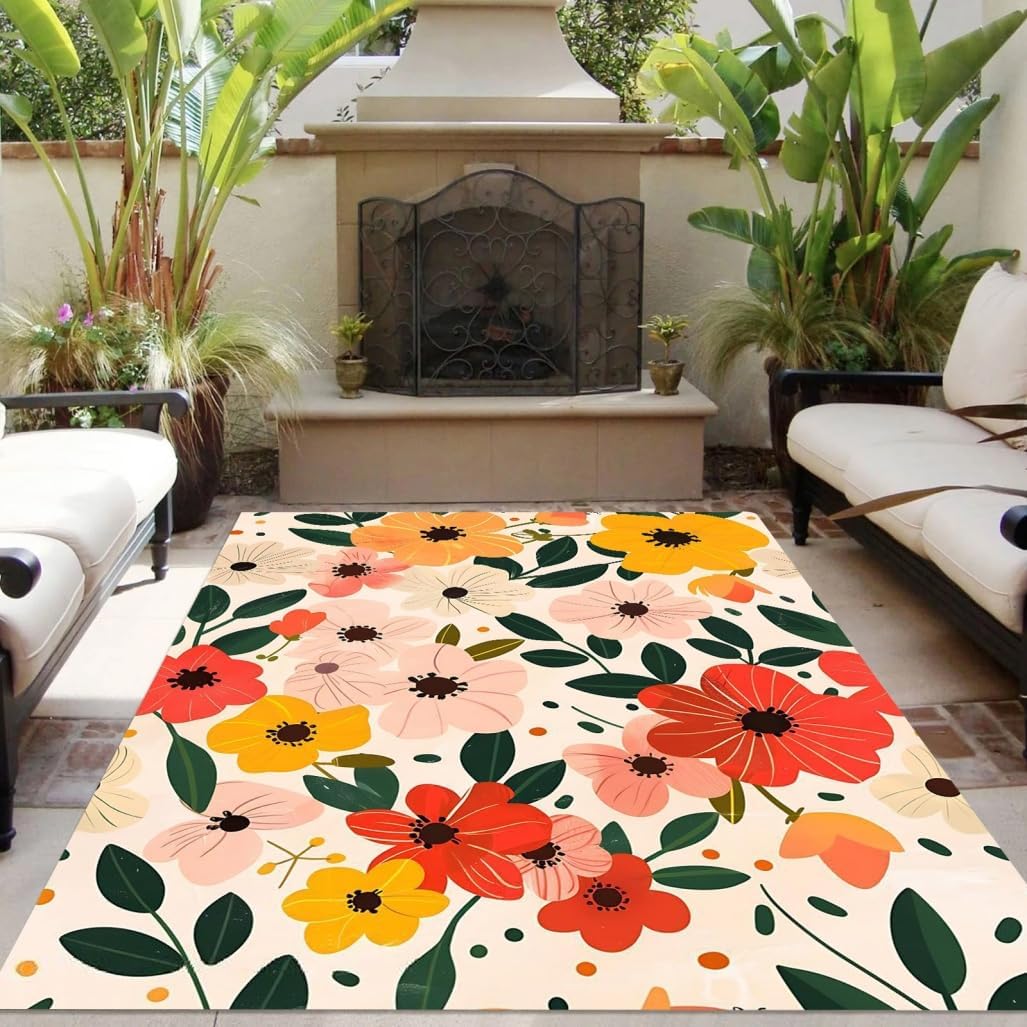 Blue White Floral Leaf Pattern Waterproof Outdoor Area Rug for Backyard Patio Deck Machine Washable No Slip Big Outside Carpet 2x6 Fade Resistant Reversible Balcony rv Camping Kitchen Floor Rug