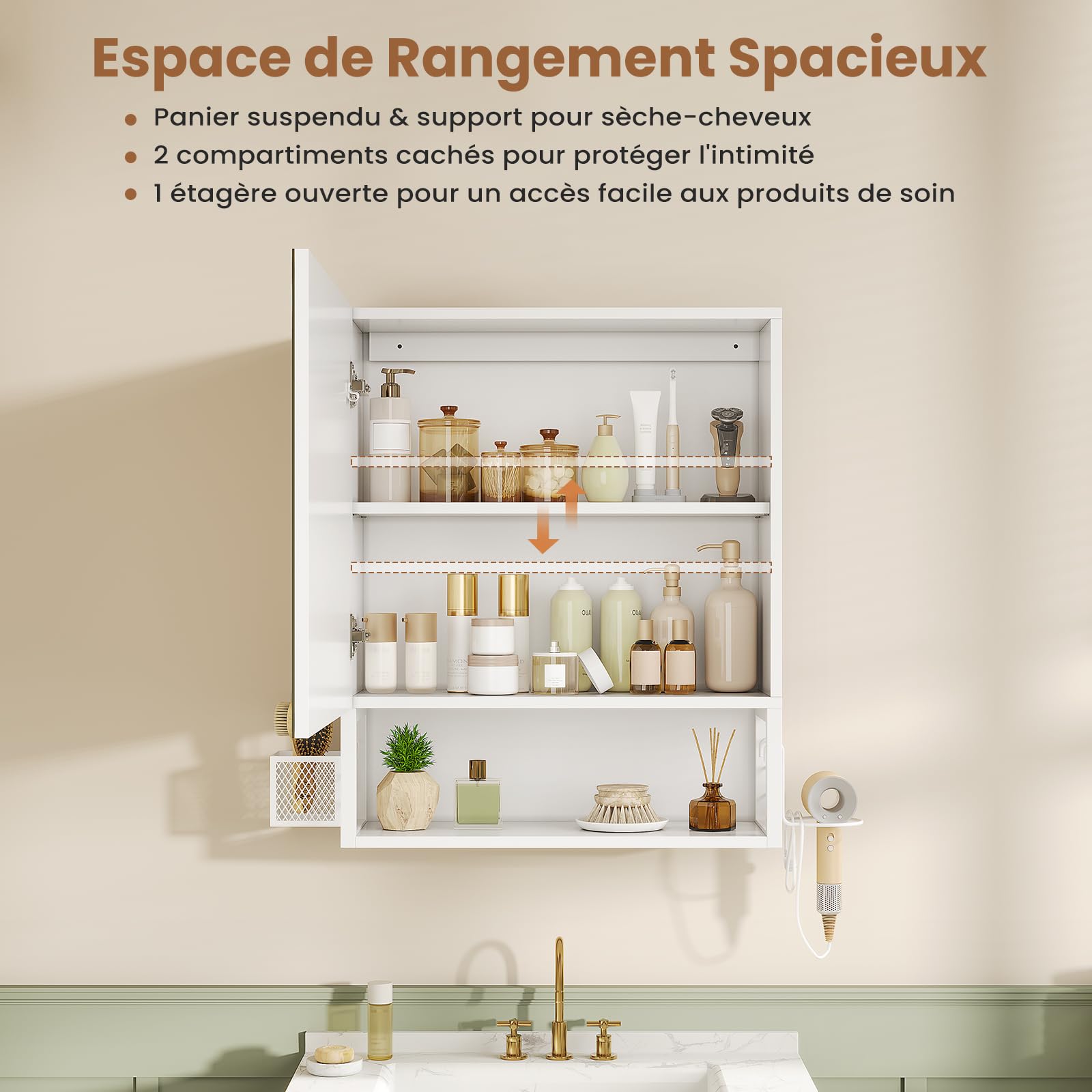 Spiegelschrank Bad mit LED-Beleuchtung,Badezimmer Spiegelschrank mit verstellbarer Ablage,HD-Spiegel, Hängekorb,Haartrockner-Halter,3 Lichtfarbe Einstellbar, Badezimmerschrank 50×16×60cm,Weiß