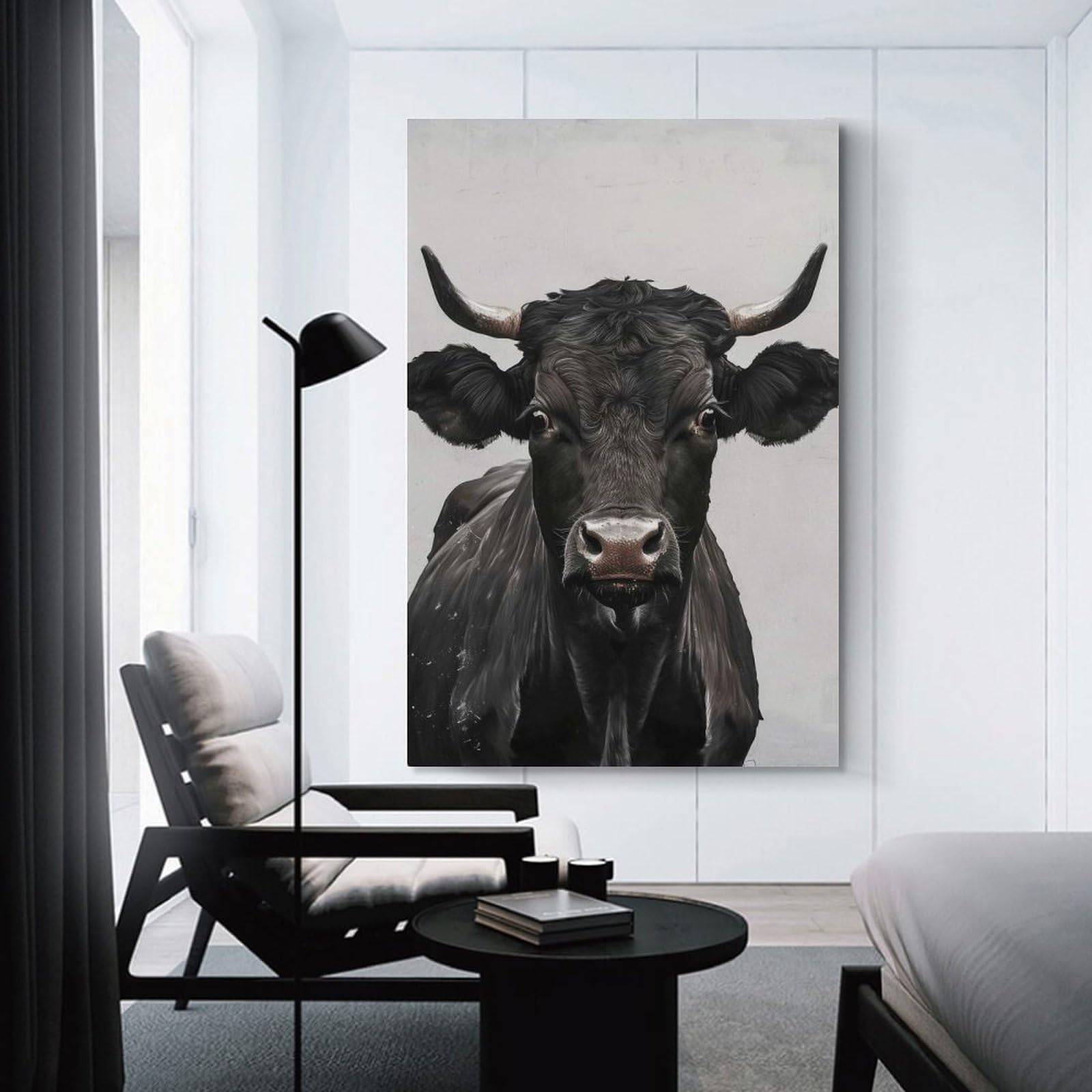 Junmoney Unframe-Style-3 Decorative Wall Artwork Portrait Of A Black Bull, 24X36inch(60X90cm), For New Homes, Bedrooms Or Workspaces, Canvas Artwork With Gifting Potential
