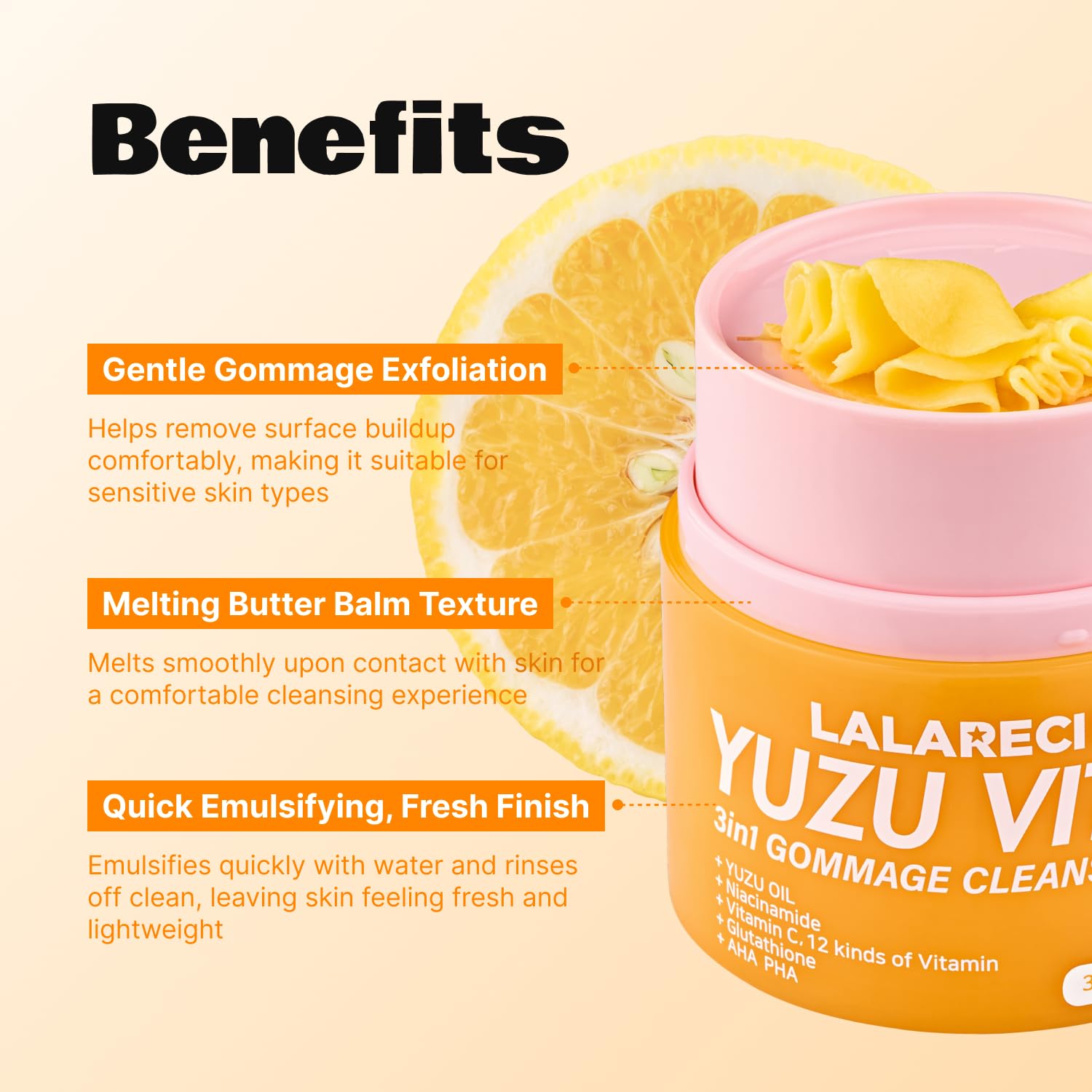 LALARECIPE Yuzu Vitamin C 3-in-1 Gommage Cleansing Balm, Korean Makeup Remover with AHA for Blackheads & Exfoliation, Vegan Facial Cleanser for All Skin Types (1.69 Fl Oz / 50ml)