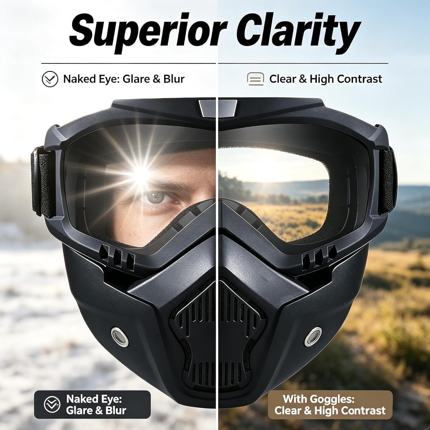 2Pcs Motorcycle Helmet Riding Goggles Glasses with Removable Face Mask,Vintage Bullet Fight Motocross,Paintball Mask Anti Fog,Tactical Full Face Mask Ski Mask Goggles Detachable Adjustable : Sports & Outdoors
