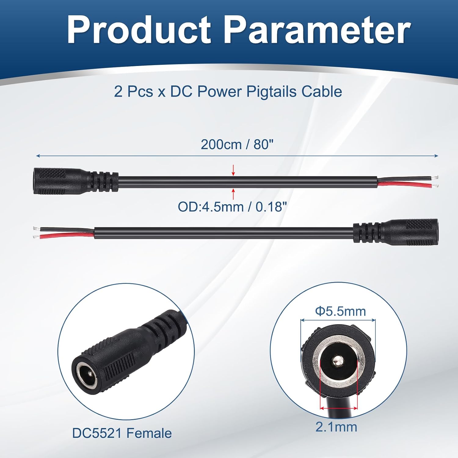 MECCANIXITY 2pcs DC Power Pigtails Cable, 5.5mm x 2.1mm Female Barrel Plug Connectors to Bare Wire Open End 200cm for PC Laptop Toys Cellphone Electronic Devices