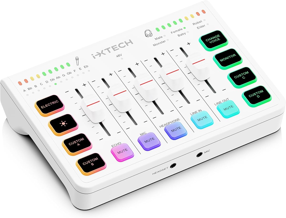 Gaming Audio Mixer 4 Channel Soundboard, Streaming RGB PC Audio Interface with XLR Microphone Support, Audio Equalizer for Gaming Podcast Streaming Karaoke, Individual Volume Controls (White)