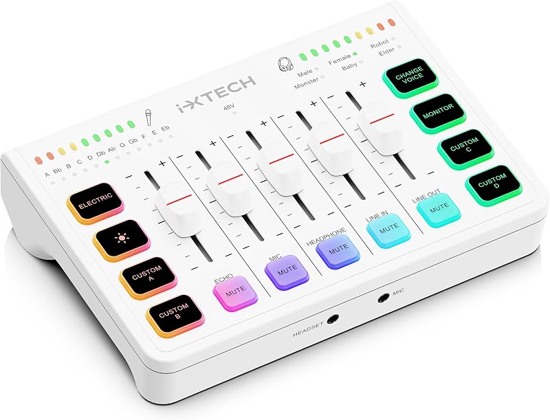 Gaming Audio Mixer 4 Channel Soundboard, Streaming RGB PC Audio Interface with XLR Microphone Support, Audio Equalizer for Gaming Podcast Streaming Karaoke, Individual Volume Controls (White)