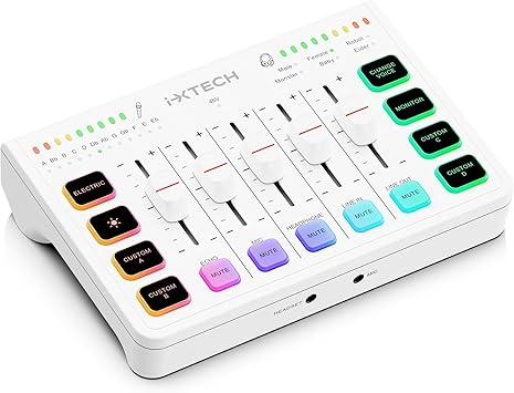 IXTECH Gaming Audio Mixer 4 Channel Soundboard, Streaming RGB PC Audio Interface with XLR Microphone Support, Audio Equalizer for Gaming Podcast Streaming Karaoke, Individual Volume Controls White