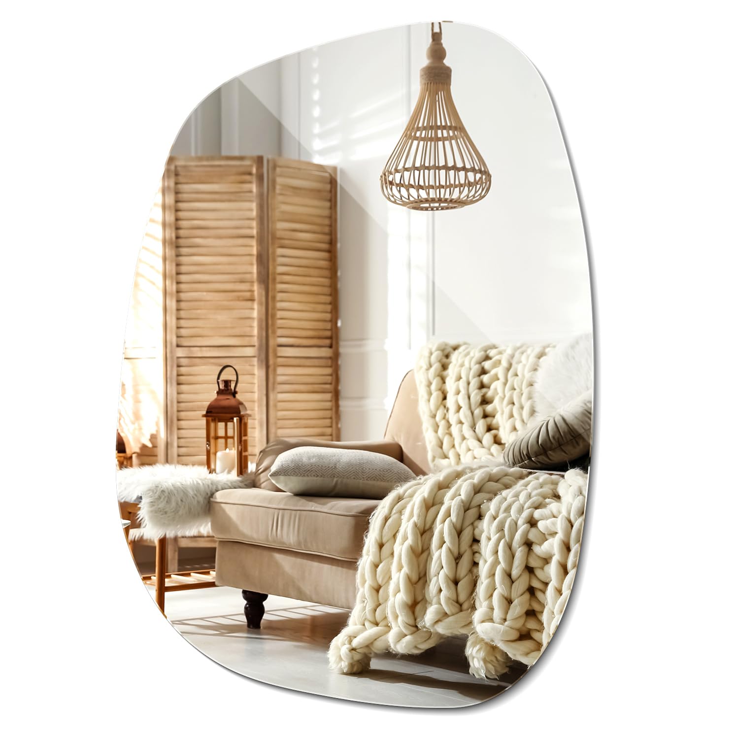 Specchio xxl Asimmetrico 90,9x66 cm Ondulato Forma Organica Montaggio a Parete Senza Cornice per il Bagno, Camera da Letto, Soggiorno e Corridoio Verticale o Orizzontale Forma Irregolare
