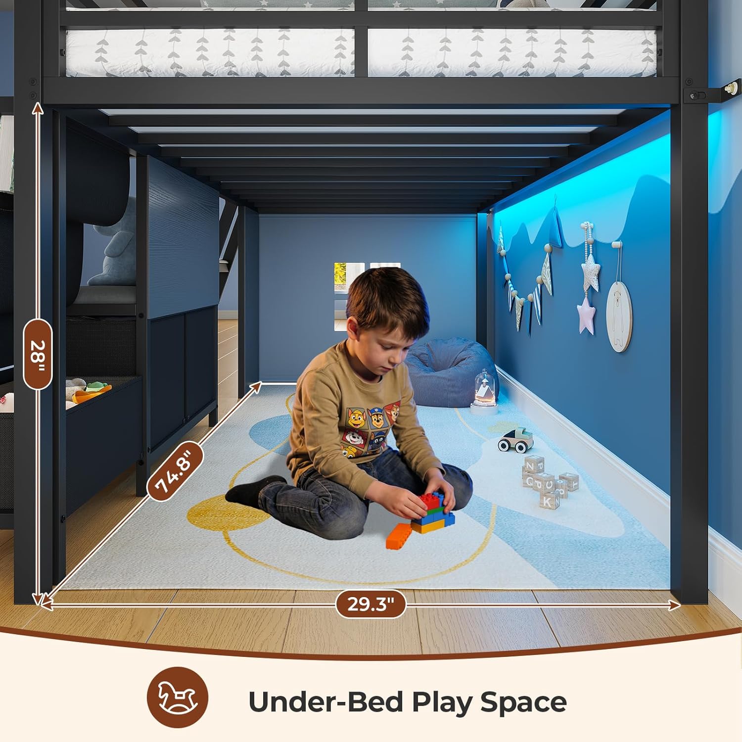 ADORNEVE Low Loft Bed Twin Size with Bookshelf, Reading Nook, LED Kids Loft Bed with 3 Drawers, Under-Bed Play Space, House Loft Beds with Safety Guardrail, Inclined Ladde & Play Curtain,Black