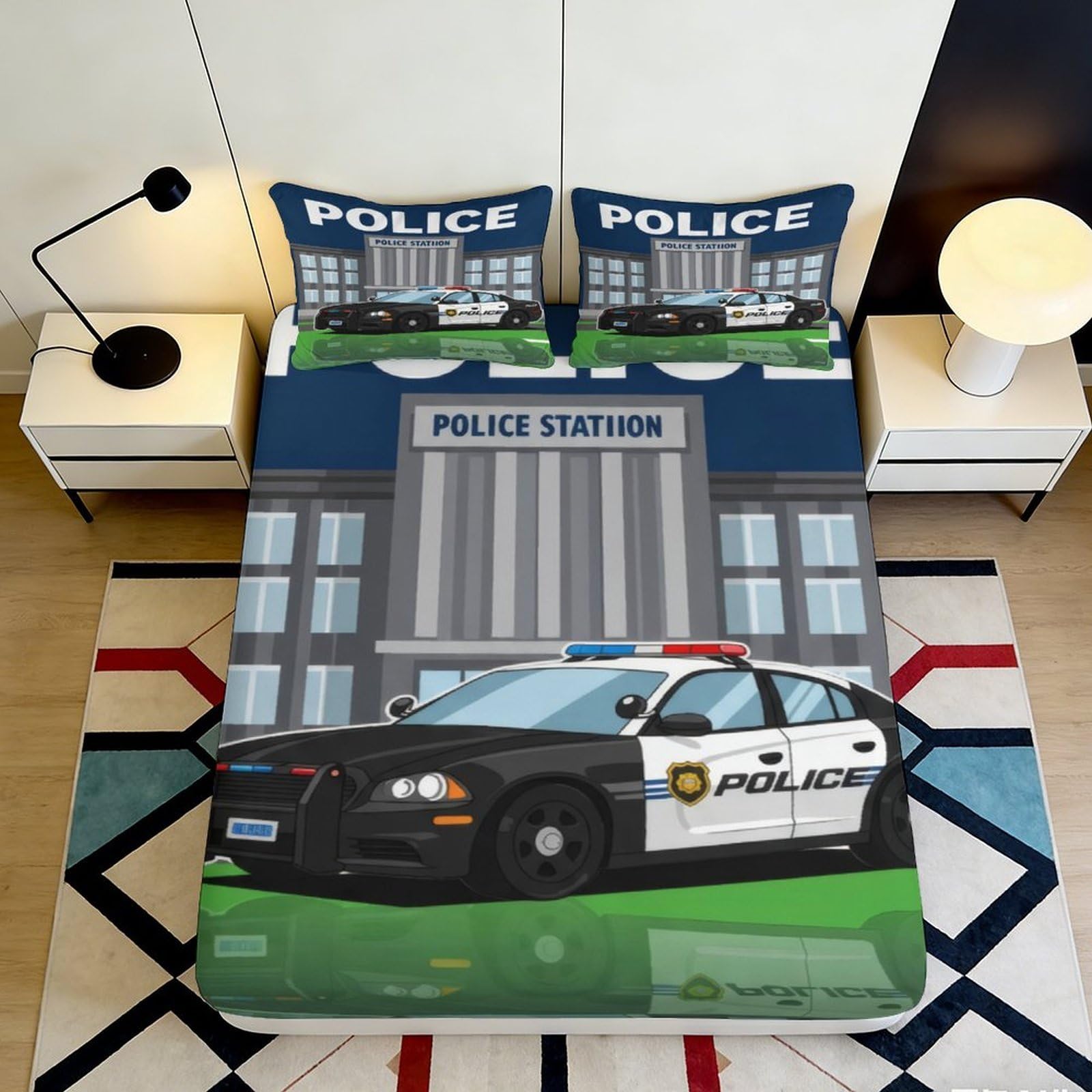 3D Printed Police Car Fitted Sheet Microfiber Soft Anti-Slip Police Station Mattress Cover for Bedroom Dorm Easy Care 120x200x25cm