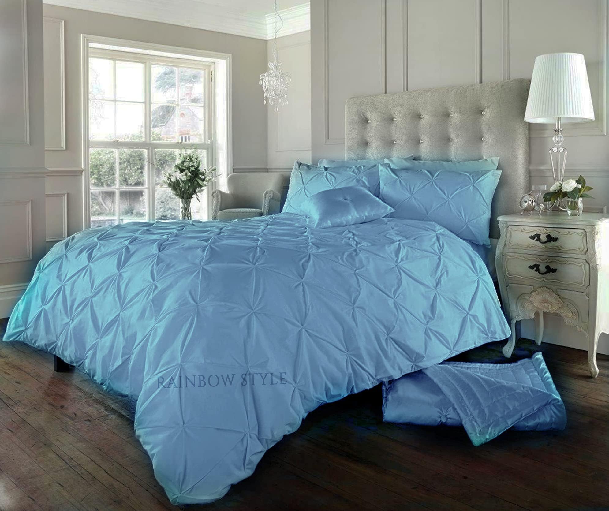 Rainbow StyleDuvet Quilt Cover Pin Tuck Pinch Pleat Alexander Alford Reversible Diamond Bedding Set With Matching Pillowcase Aqua King 230cm x 220cm Approximate