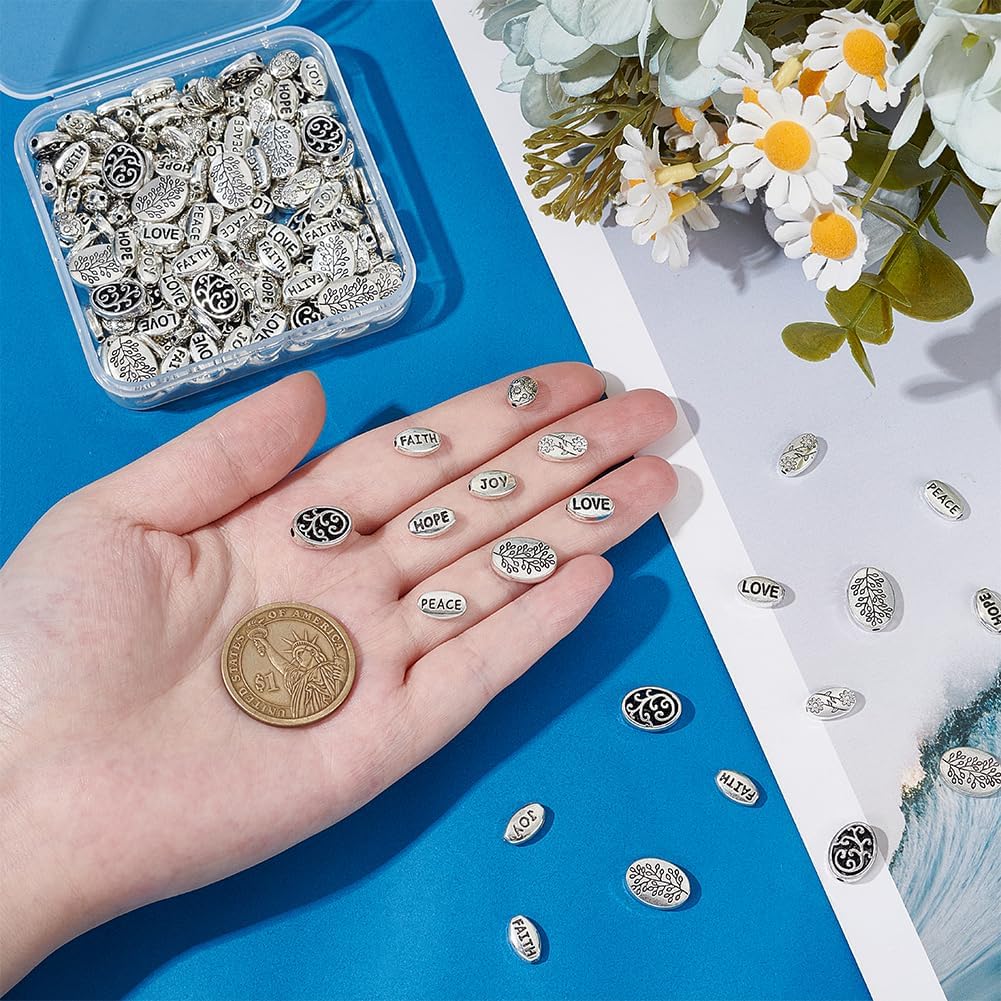 PH PandaHall 180pcs 9 Styles Faith Beads Oval Spacer Beads with Words Tibetan Style Silver Flat Spacer Bead Metal Craft Bead for Bracelet Necklace Jewellery Making Handicrafts 7~14mm