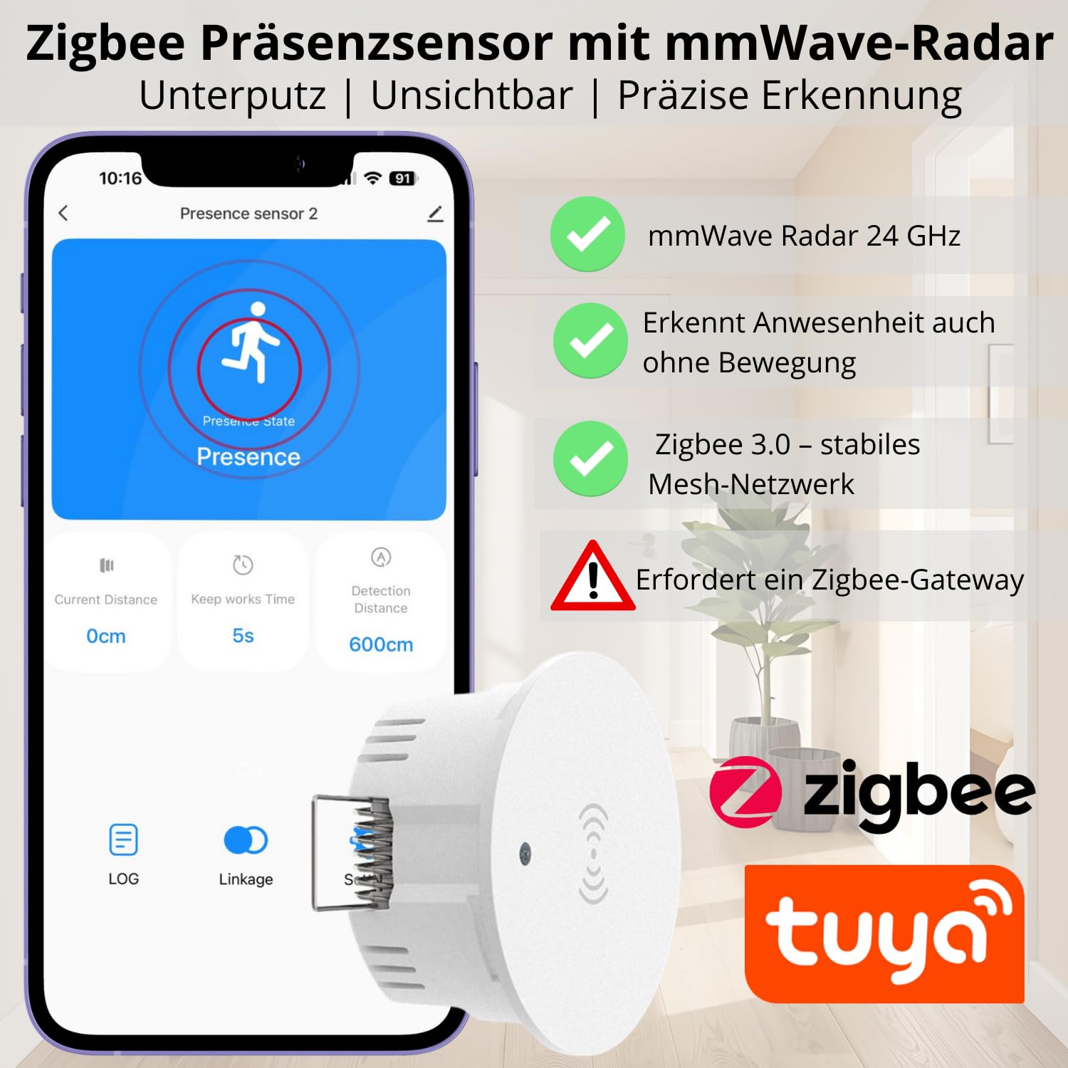 Detector de presencia con detección de movimiento empotrado Zigbee Tuya