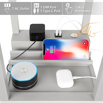 FOLKSMATE LED Shelf Floor Lamp, Modern Touch Control Dimmable Standing Lamp with 2 USB Ports and 1 Power Outlet, Corner Tall Lamps with Shelves, Wood Standing Light for Bedroom, Living Room, Grey